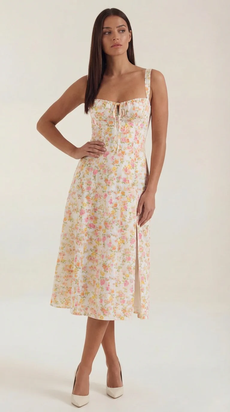 Robe midi fleurie pour femmes, idéale pour les invitées de mariage