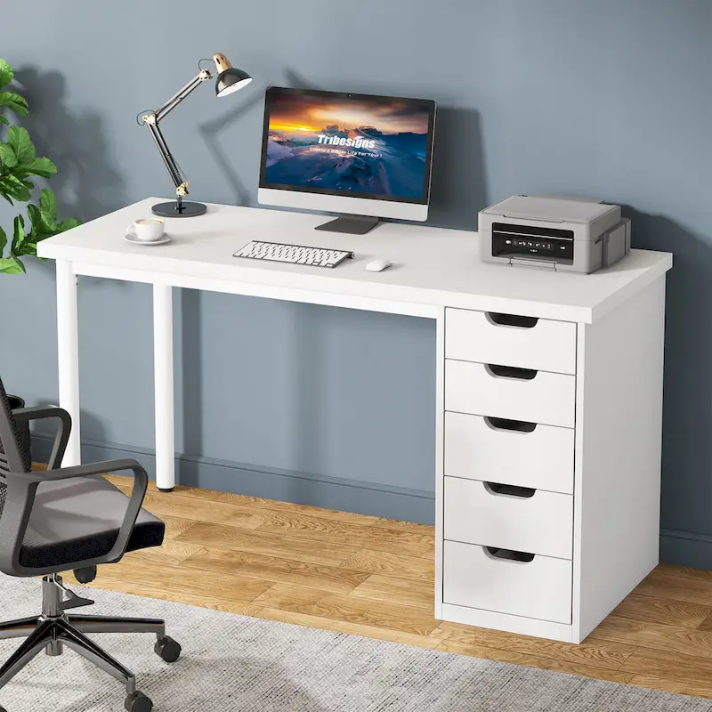 Contemporary Minimalist Computer Desk with 5 Drawer Storage for Study and Writing