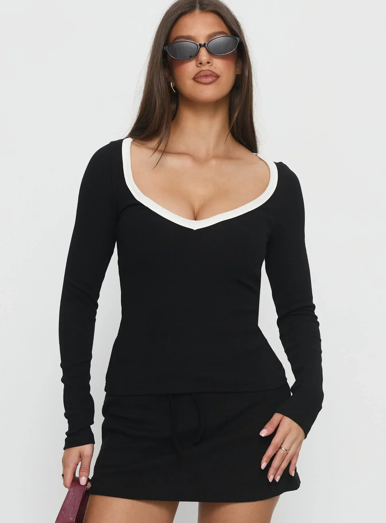 Baseline V Neck Long Sleeve Top Black White