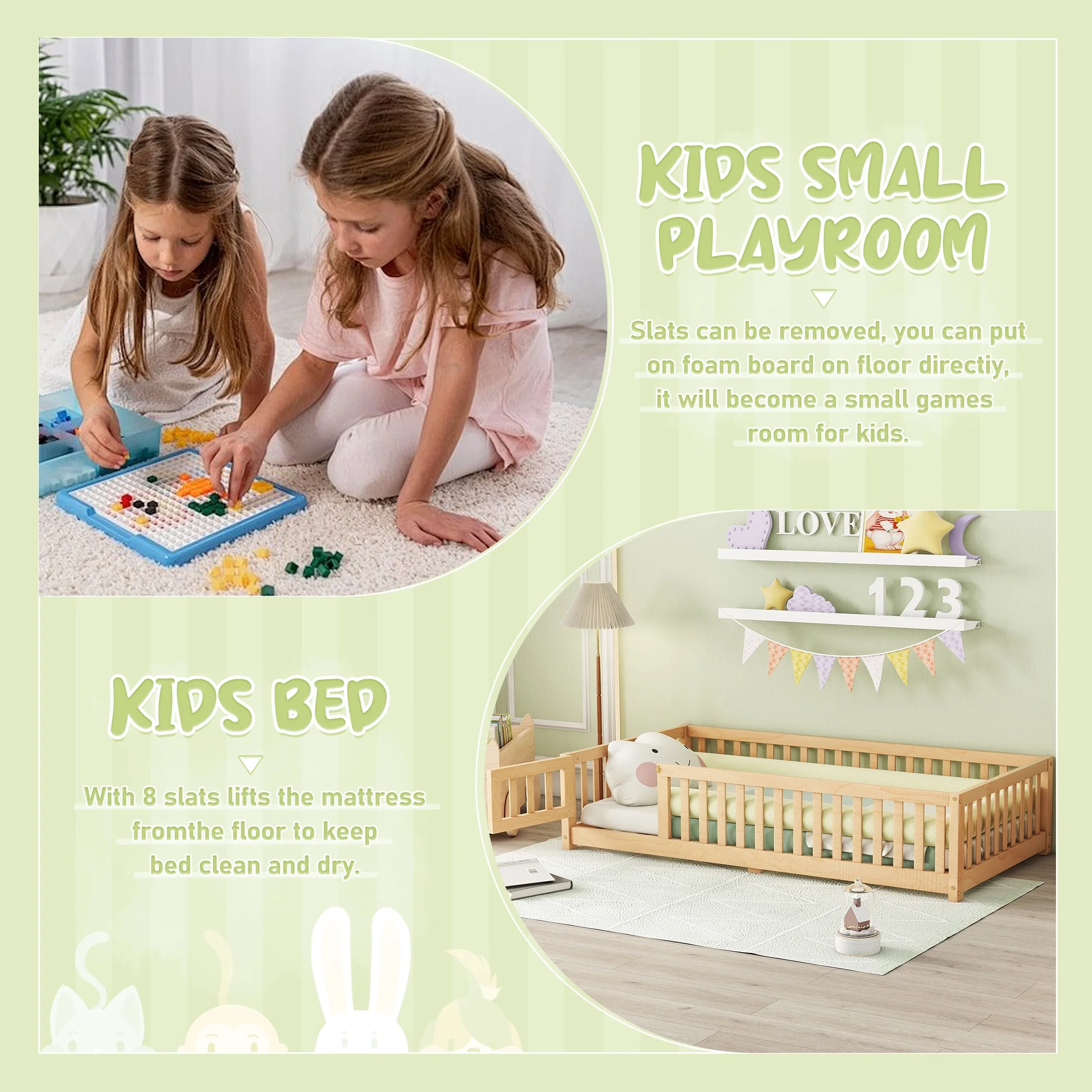 Twin Size Bed Floor Bed with Safety Guardrails and Door for Kids Toddlers, Natural(Twin/Natural) - Image 4