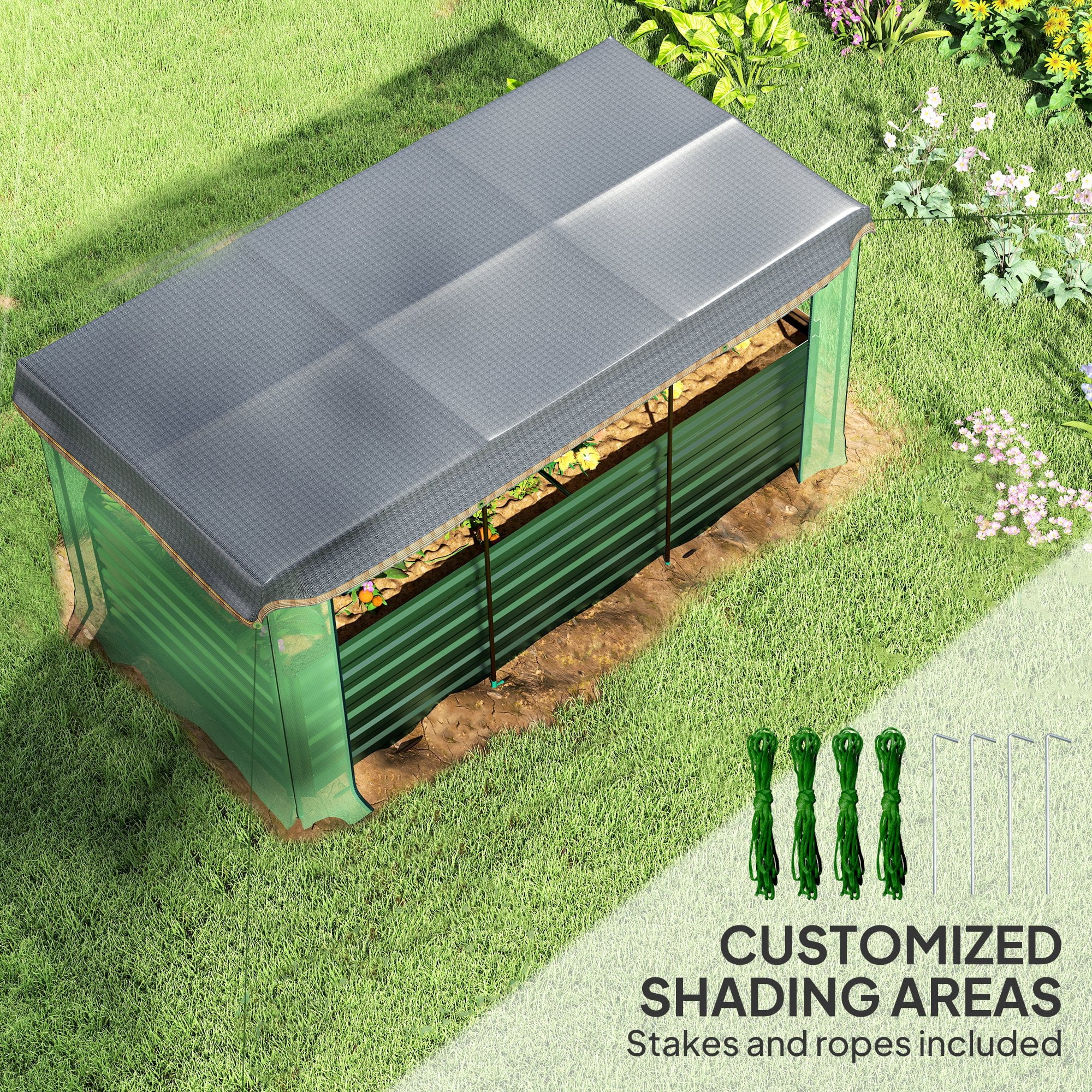 Outsunny Galvanized Raised Garden Bed, Planter Box with Crop Cage and Shade Cloth, Green