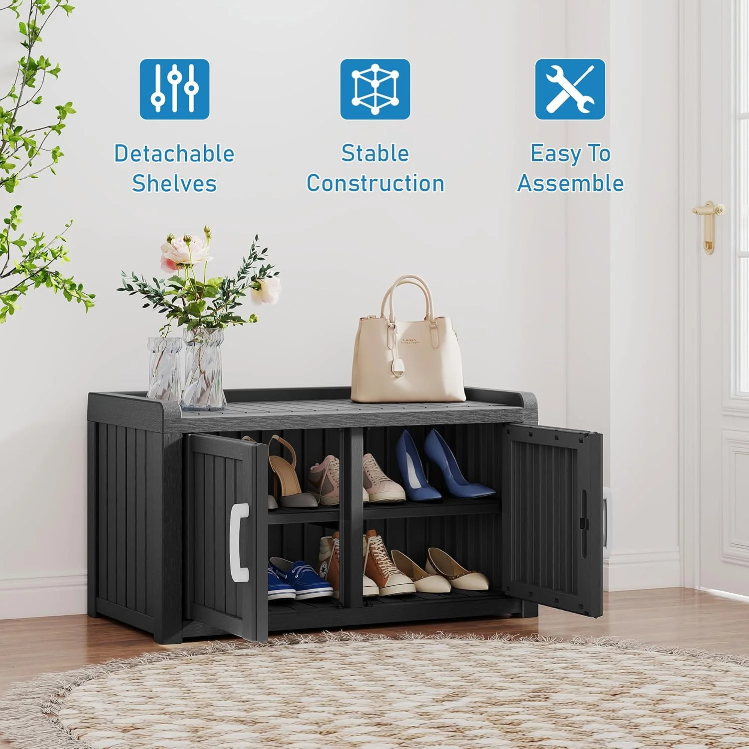 Outdoor Shoe Storage Cabinet, Waterproof UV-Resistant Entryway Storage Bench Indoor Outdoor with 2 Barn Doors, Adjustable Shelves for Entryway, Bedroom, Hallway,Living Room(Black)(Double Door/Black) - Image 8