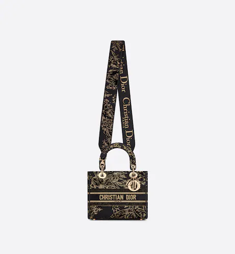 MEDIUM LADY D-LITE BAG Black Multicolor D Jardin d'Hiver Embroidered Cotton with Veet and Metallic Thread