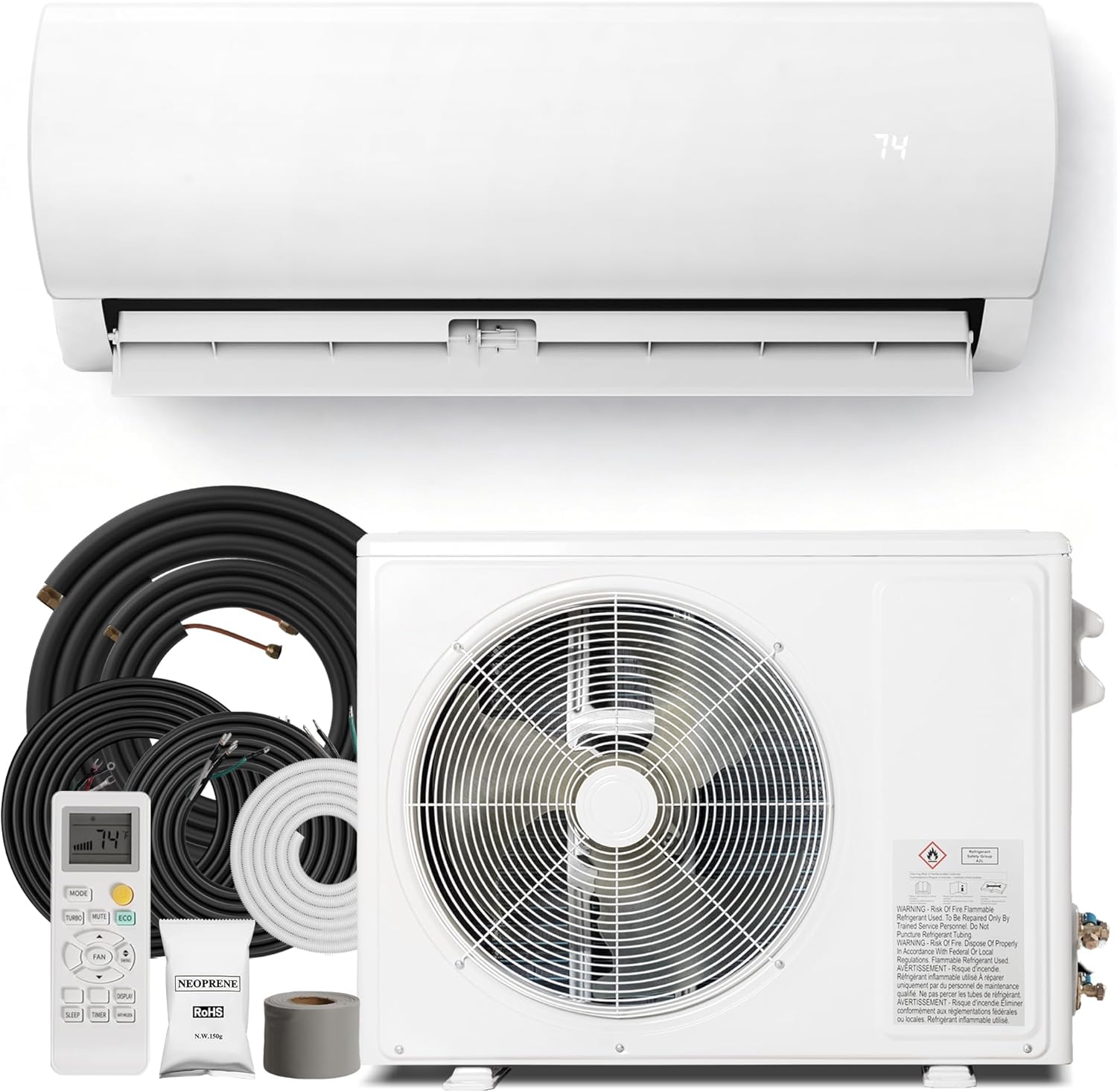 18000 BTU Mini Split AC/Heating System, 19 SEER2 230V Inverter Air Conditioner with 1 Ton Heat pump, Complete Installation Kit Included, Covers Up to 1250 Sq.Ft
