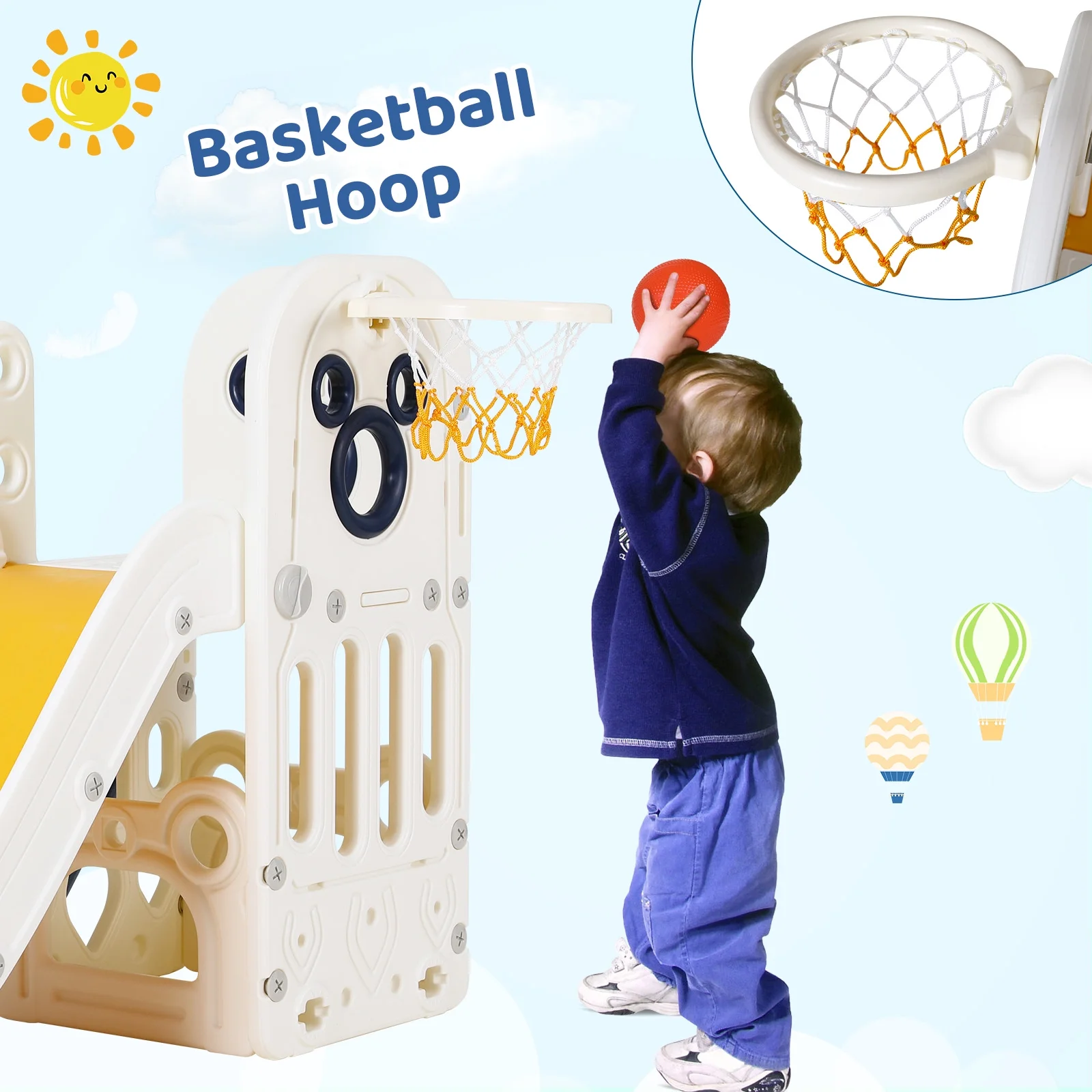 Sturdy Toddler Slide with Basketball Hoop Plastic Kids Slide Climber with Anti-Slip Steps Indoor Outdoor Children Toy Playground(Blue) - Image 4