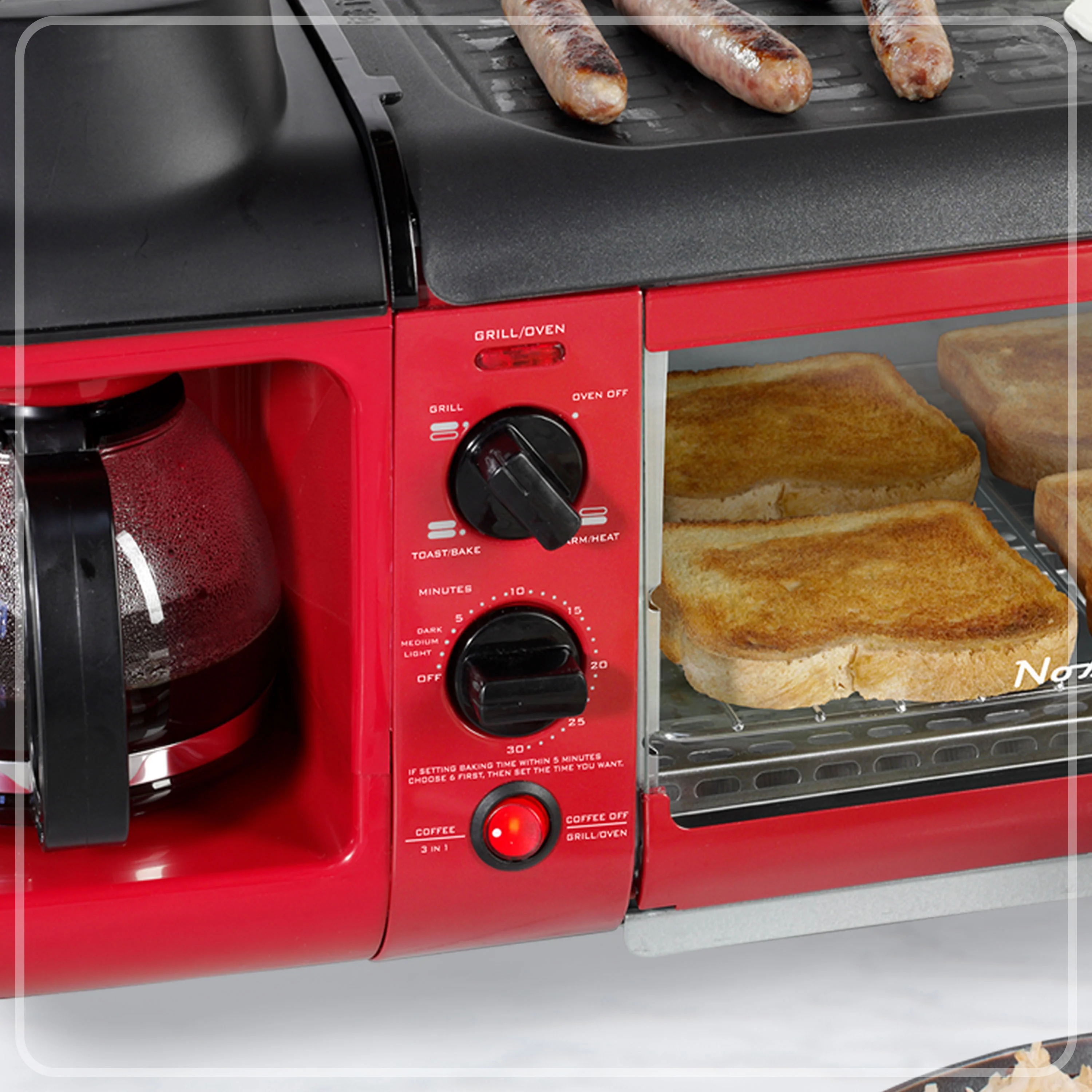 BST3RR Retro 3 in 1 Family Size Electric Breakfast Station, Coffeemaker, Griddle, Toaster Oven Retro Red(Retro Red) Image 9