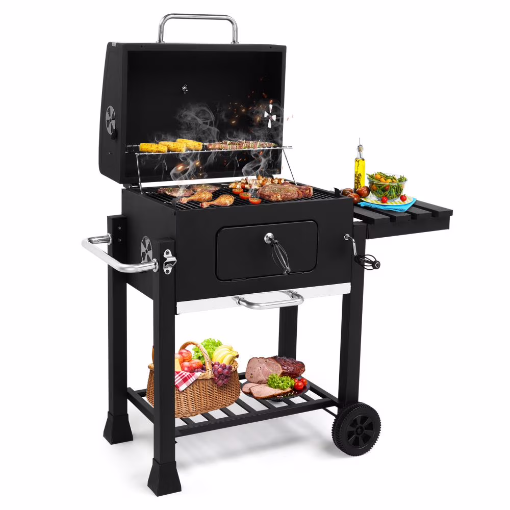 IVV Outdoor Charcoal Grill with Foldable Side Table, Moveable BBQ Grill w/ Built-in Thermometer, Removeable Ash Rray Perfect for Picnics Patio Garden and Backyard Grilling, Black