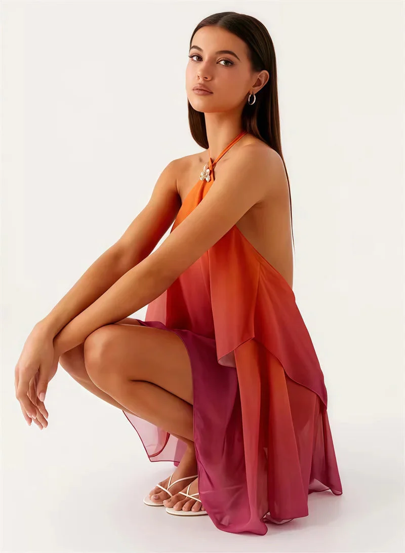 Robe courte à volants dégradé rose