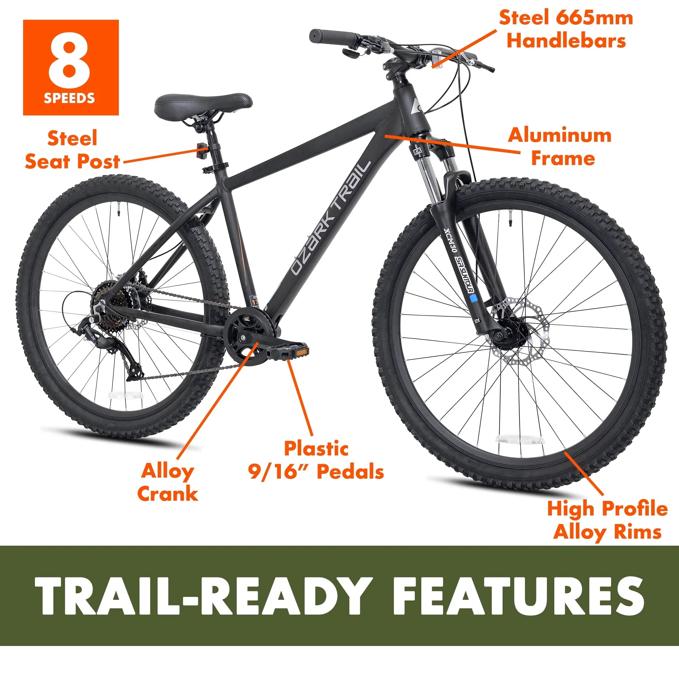Ozark Trail 27.5 Vibe Mountain Bike, Medium Frame, Black, Adult, Unisex