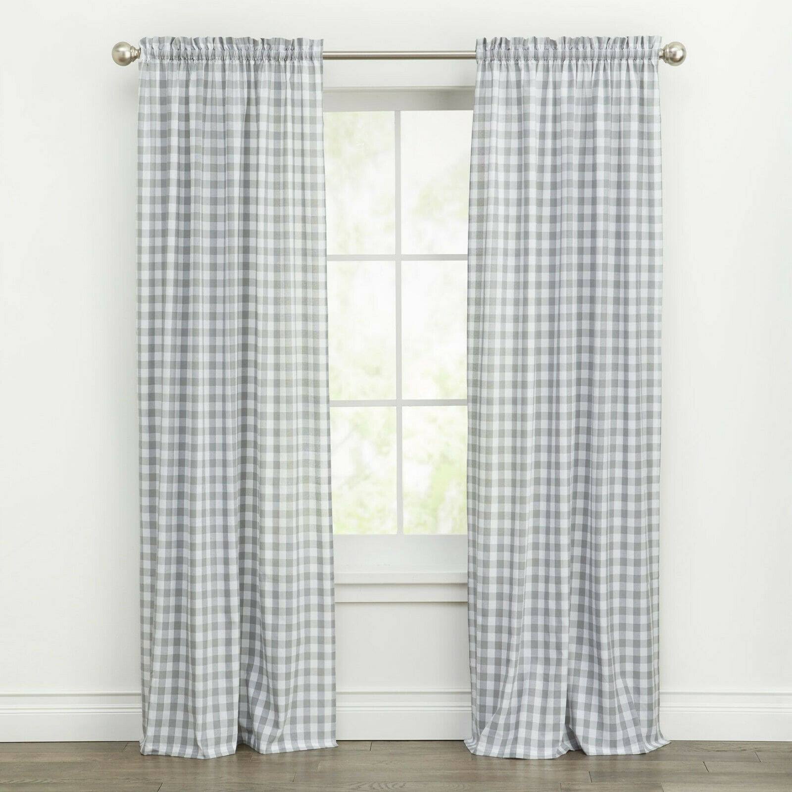 Kate Aurora Country Farmhouse Buffalo Check Plaid Gingham Window Curtains - Grey - 42 in. W x 95 in.