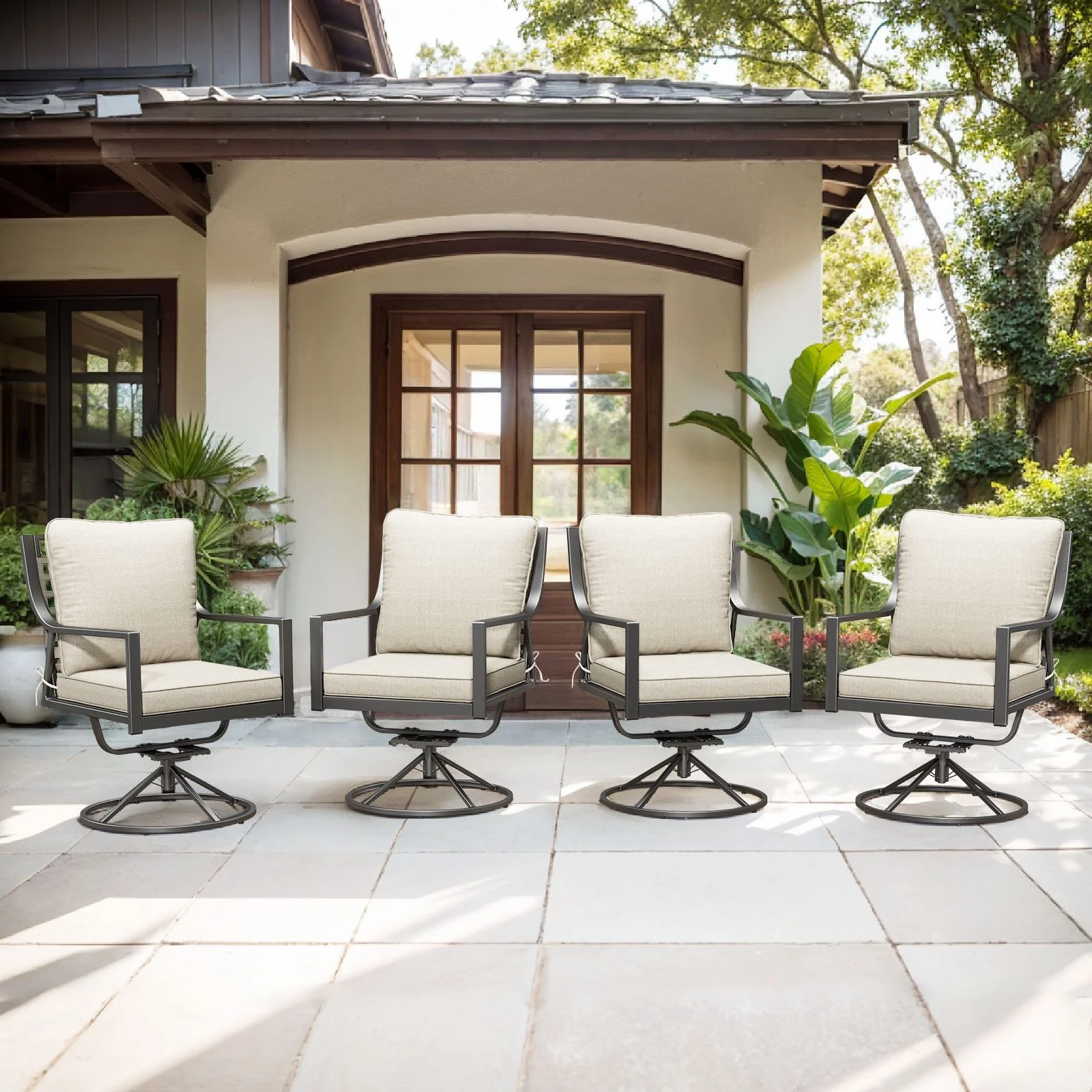 Swivel Rocker Patio Chairs Set of 4, Outdoor PE Wicker Dining Chairs with Beige Olefin Cushions and Gray Metal Frame, 360�� Swivel Rocking Motion for Garden Deck Porch(4 Pack) - Image 4