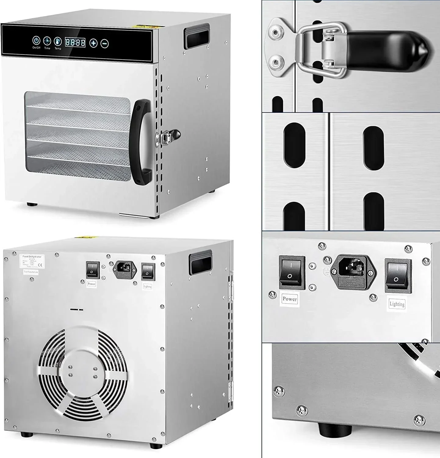 Tray Food Dehydrator, Steel Fruit Dry Machine with 30 90∼C Adjustable Thermostat, 24hr Digital Timer