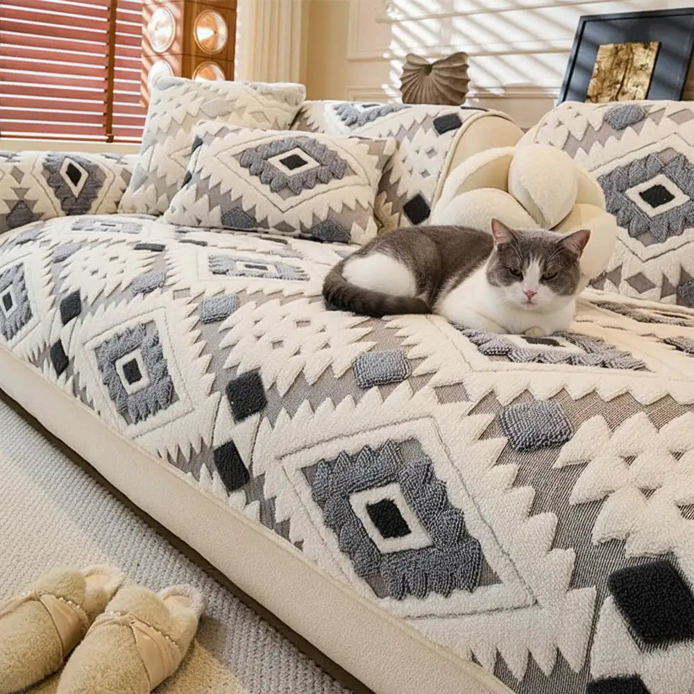 Modern Geometric Thick Plush Anti-Scratch Non-Slip Couch Cover