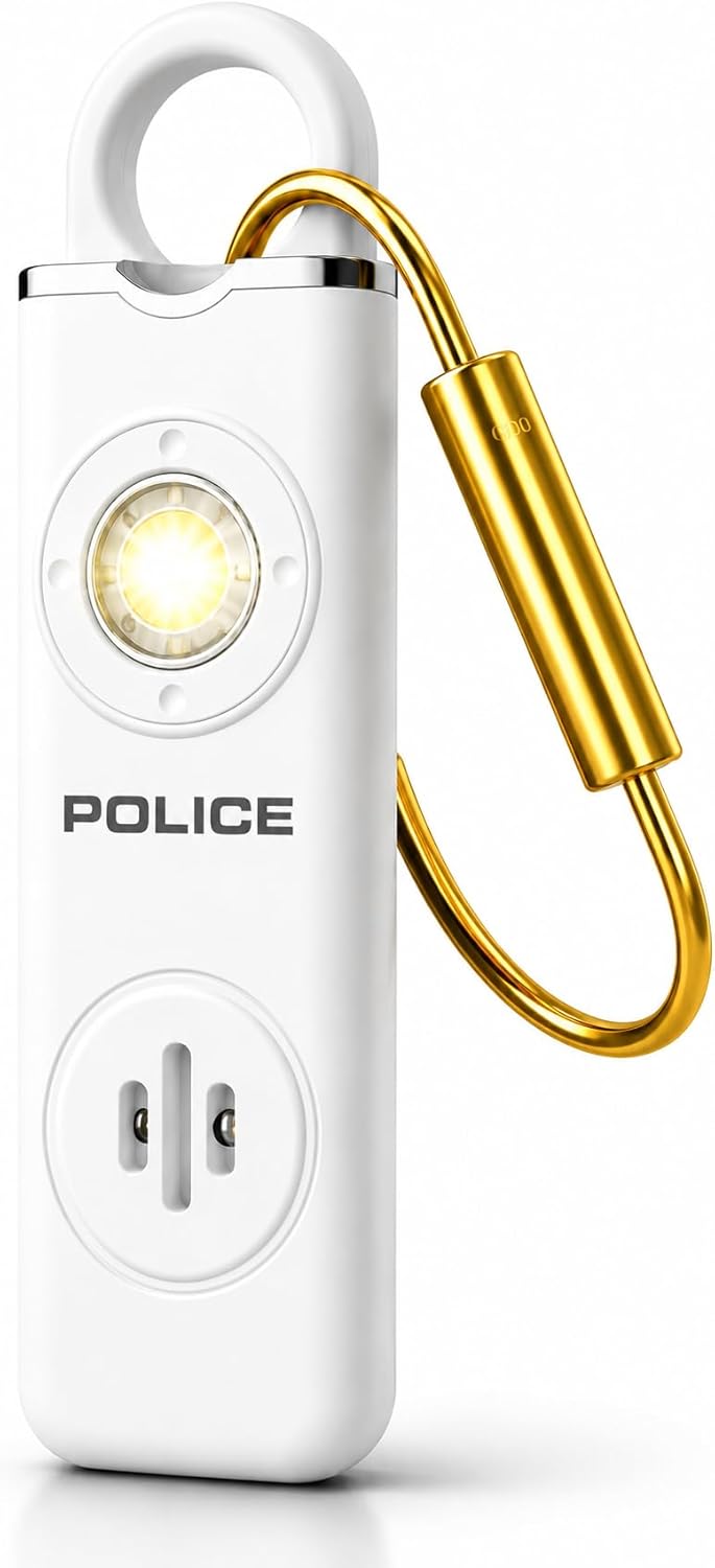Police Personal Safety Alarm Keychain 130dB Rechargeable Emergency Alarm with Strobe Light & LED Flashlight, Portable Self Defense for Women, Men, Kids & Seniors, White