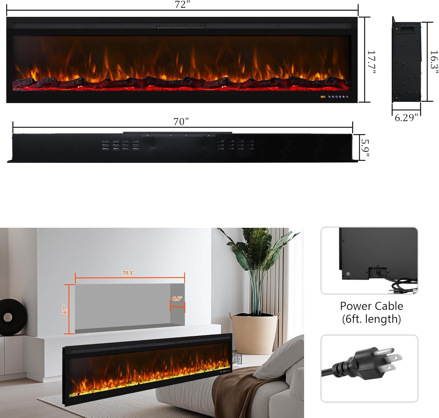Linear Smart WiFi Electric Fireplace 72 Inch, APP & Touch Screen & Remote Control, 169 Realistic Flame Color Combinations, Timer & Thermostat Fireplace Heater,1500W