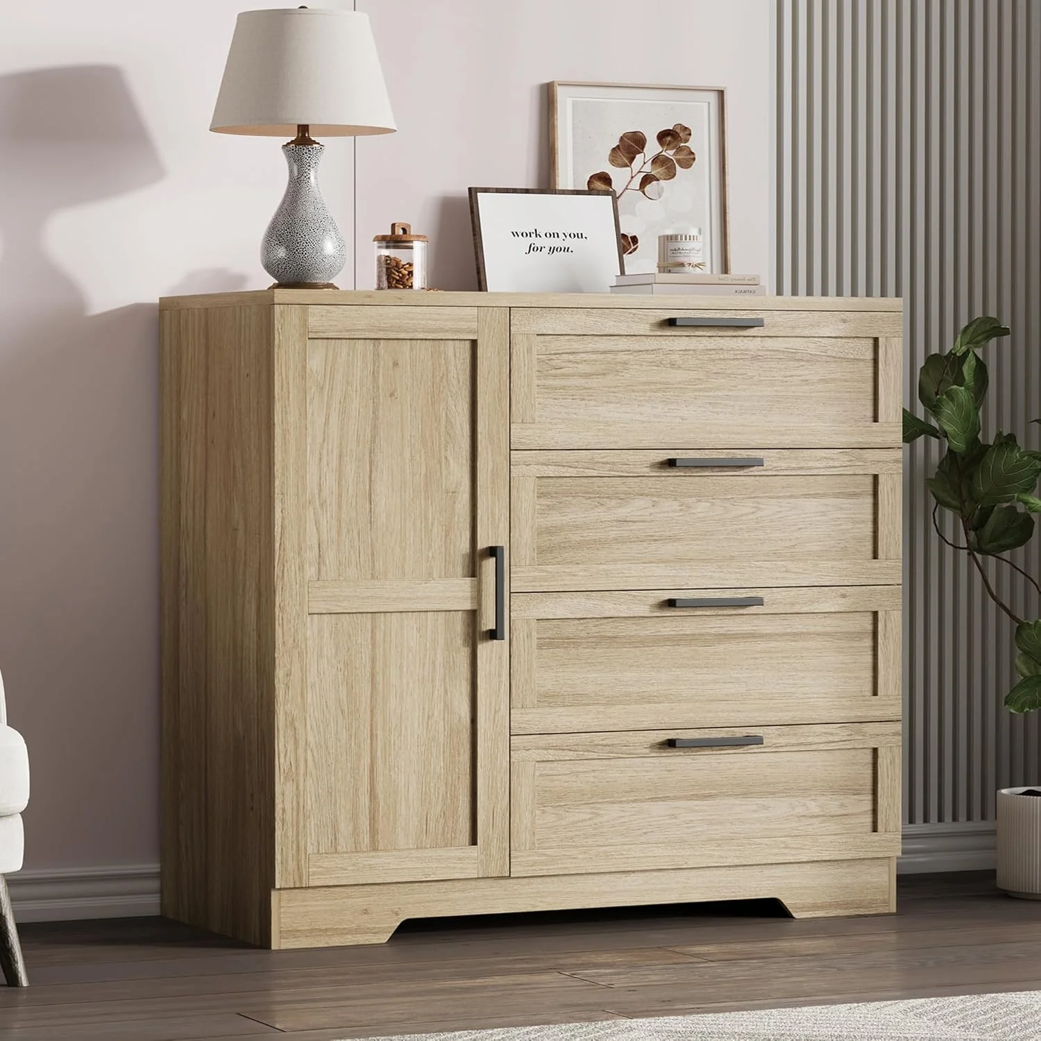 43.3" H Armoire Wardrobe Closet with 4 Drawers Hanging Rod, Multifunctional Wood Storage Cabinet for Bedroom, Natural Oak(Natural Oak) - Image 2