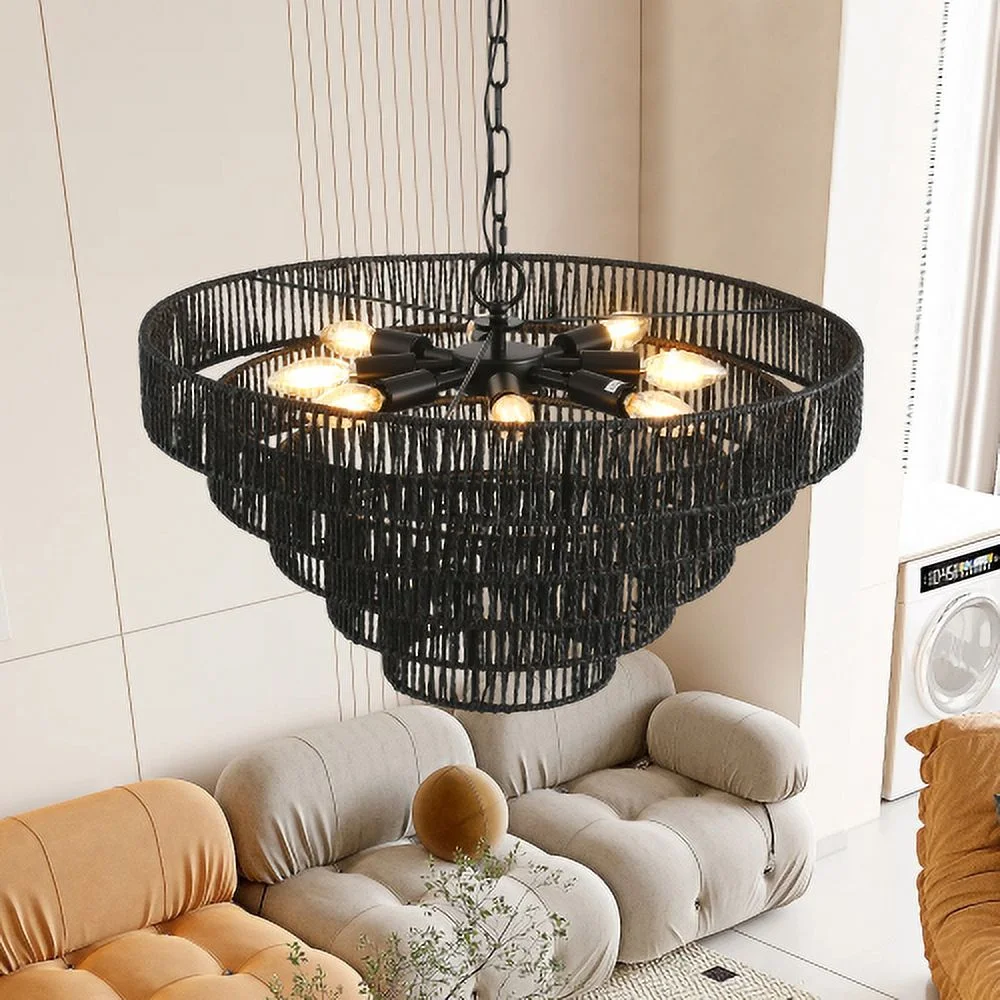 ACE-LIGHTS,Rustic 4-Tier Height Adjustable Hemp Rope Chandelier(Bulb Not Included),Pendant Light,Handmade Tiered Boho Ceiling Light Fixture for Living,Dining Room,Kitchen,Foyer(Black��