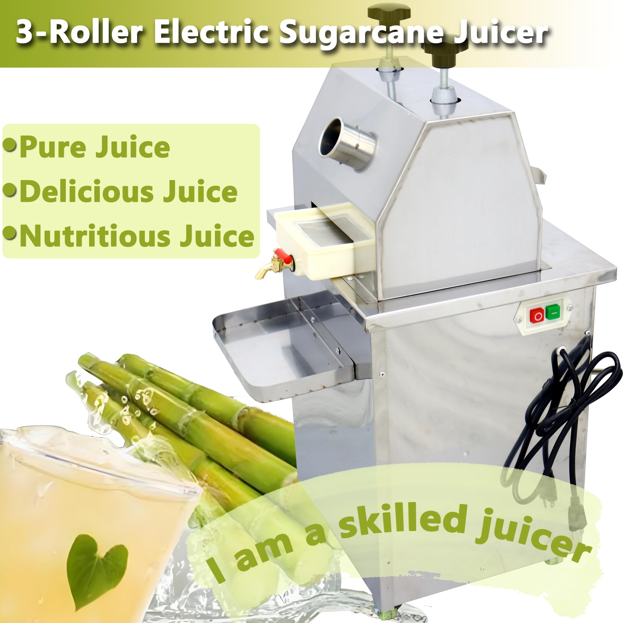 Electric Sugarcane Juicer Machine Inlet Dia. 2.36'' 3-Roller Sugar Cane Grinder Machine with 4 Casters 110V Stainless Steel Sugarcane Juice Extractor with 2 Peeling Knives for Home/Shop