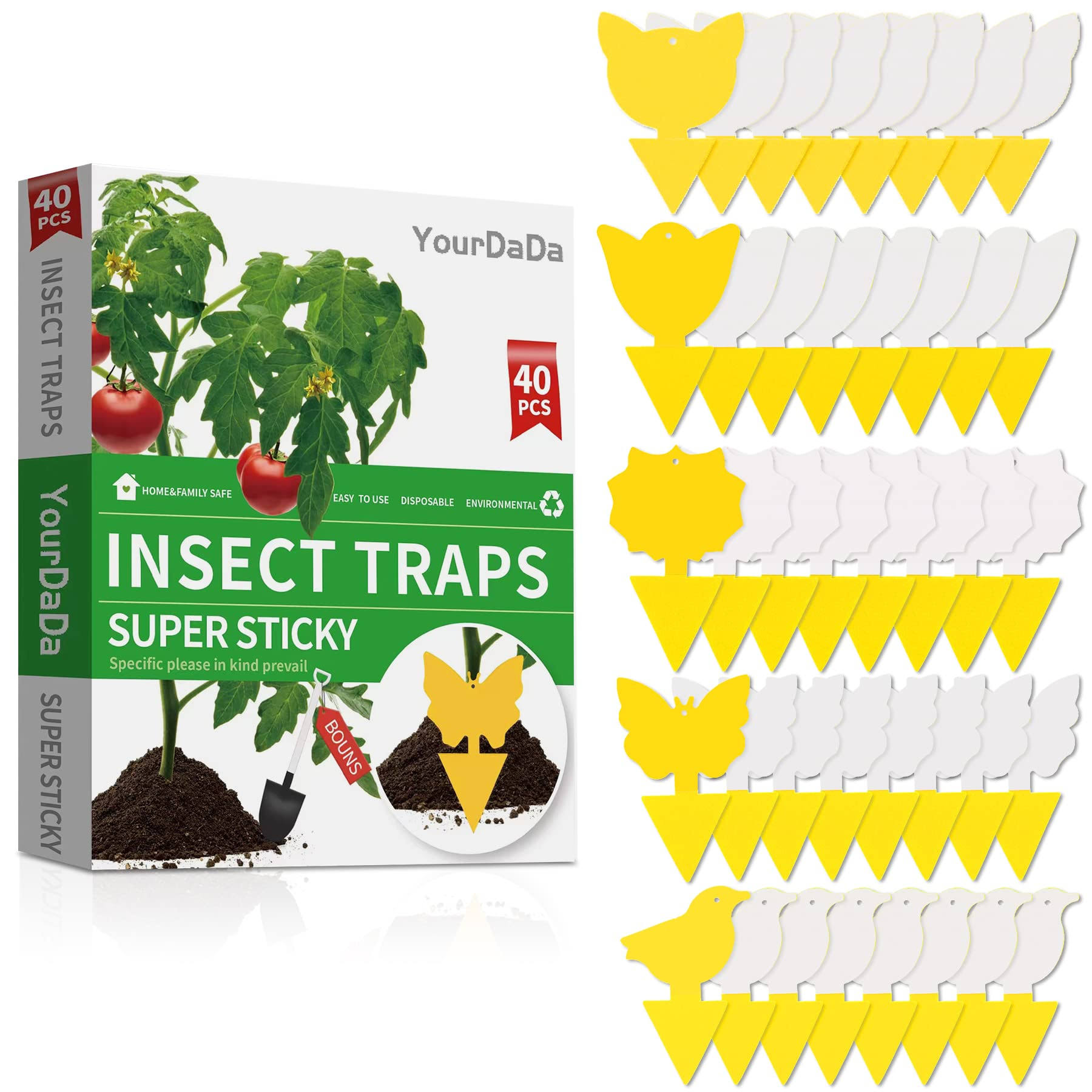 Yourdada 40 Pcs 5 Shapes Yellow Sticky Traps for Fruit Fly, Whitefly, Fungus Gnat, Mosquito and Fly, Insect Catcher Traps for Indoor/Houseplants