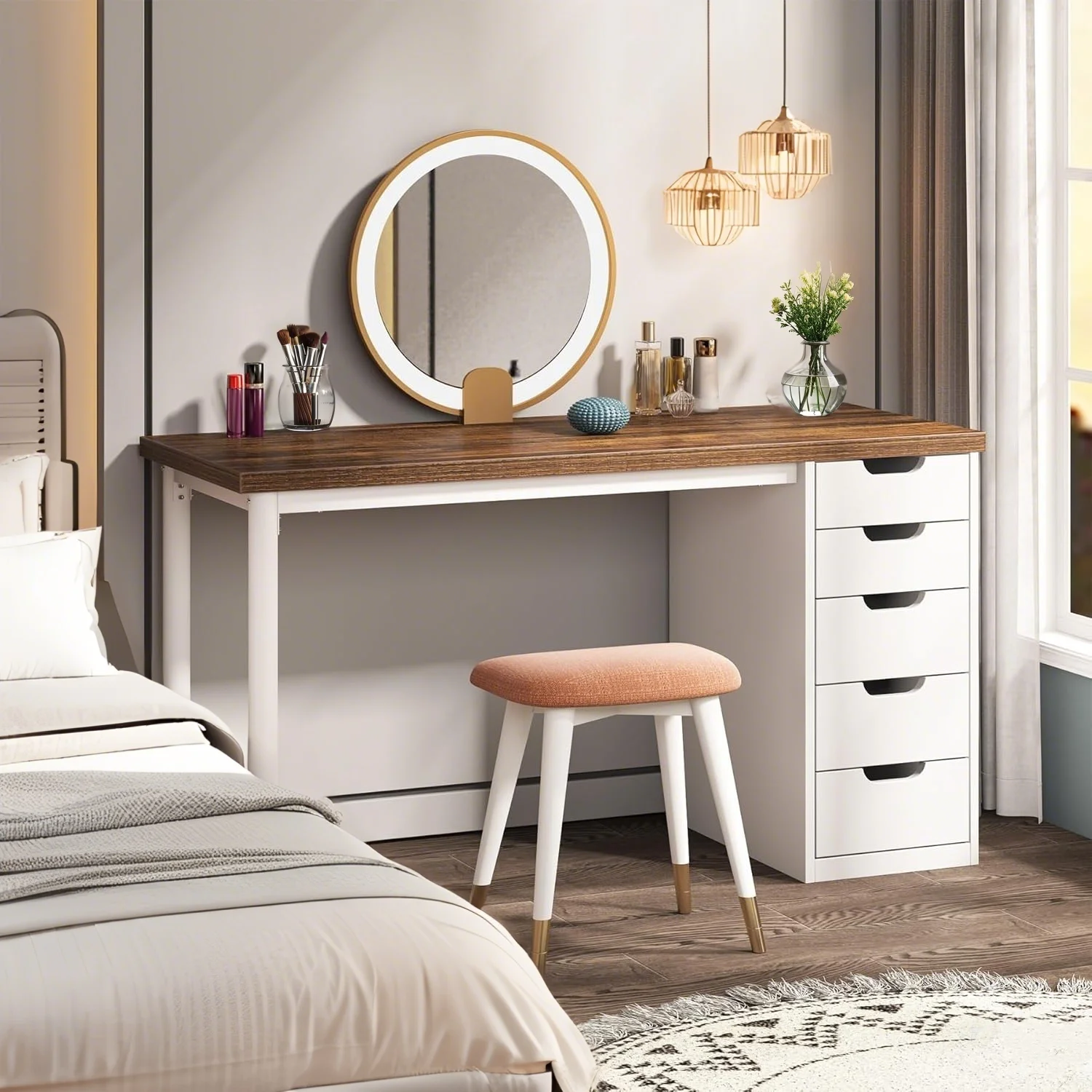47 inches Vanity Desk with 5 Drawers, Rustic Makeup Dressing Table with Storage, Modern Simple Computer Desk for Women, Girls (Brown)(Brown) - Image 8