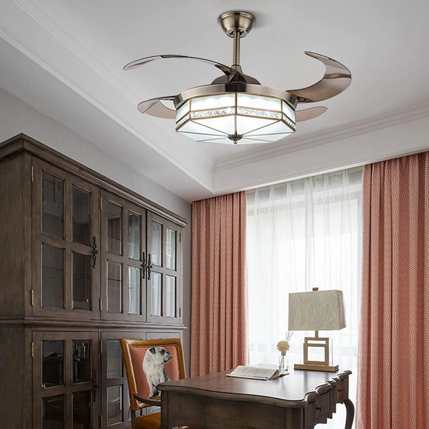 42" Retractable Chandelier Fan Painted Style Ceiling Fan with Light and Remote Control White Chandelier Fan Lamp 3 Speed Chic Crystal Ceiling Fan Lamp 3 Color Chandelier Living Room Decor
