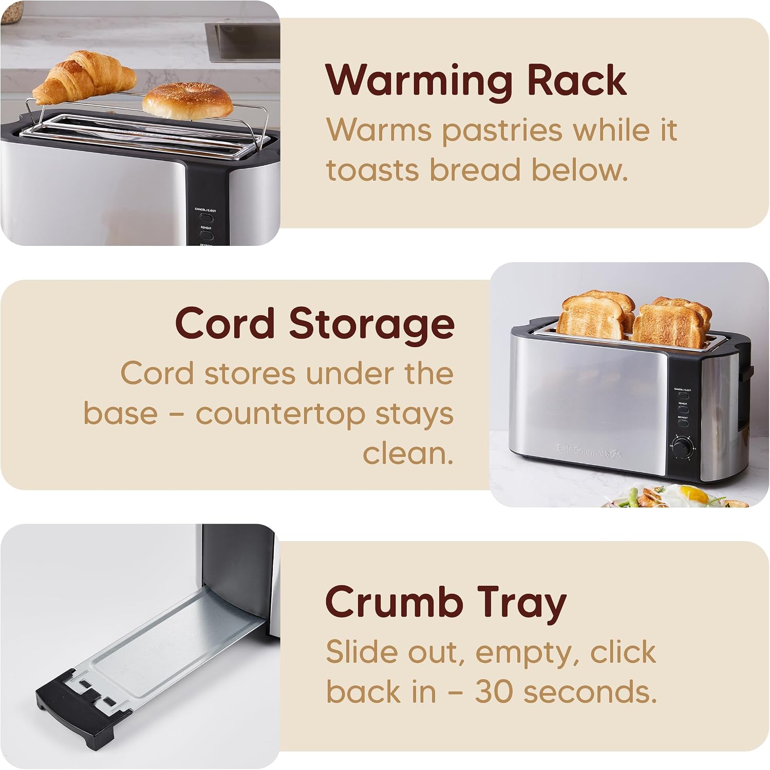 Elite Gourmet ECT-3100 4-Slice Long Slot Toaster, Stainless Steel| Extra-Wide Slots Fit Bagels, Sourdough & Texas Toast, 6 Browning Settings, Reheat, Defrost & Cancel, Built-In Warming Rack