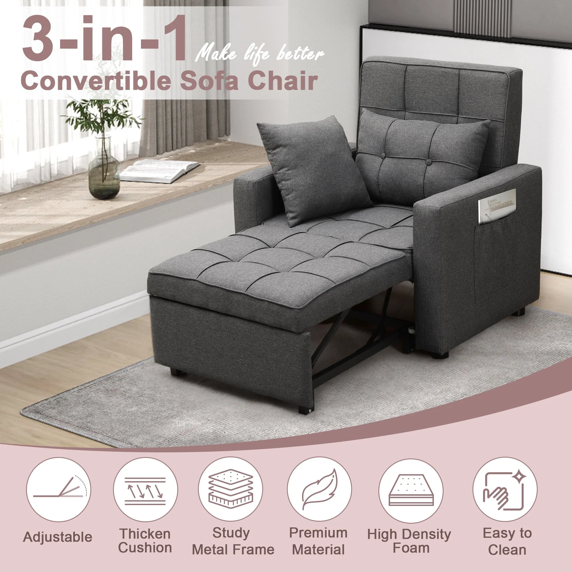 Tolead 3 - in - 1 Convertible Sofa Bed Sleeper Chair with Adjustable Backrest, Gray