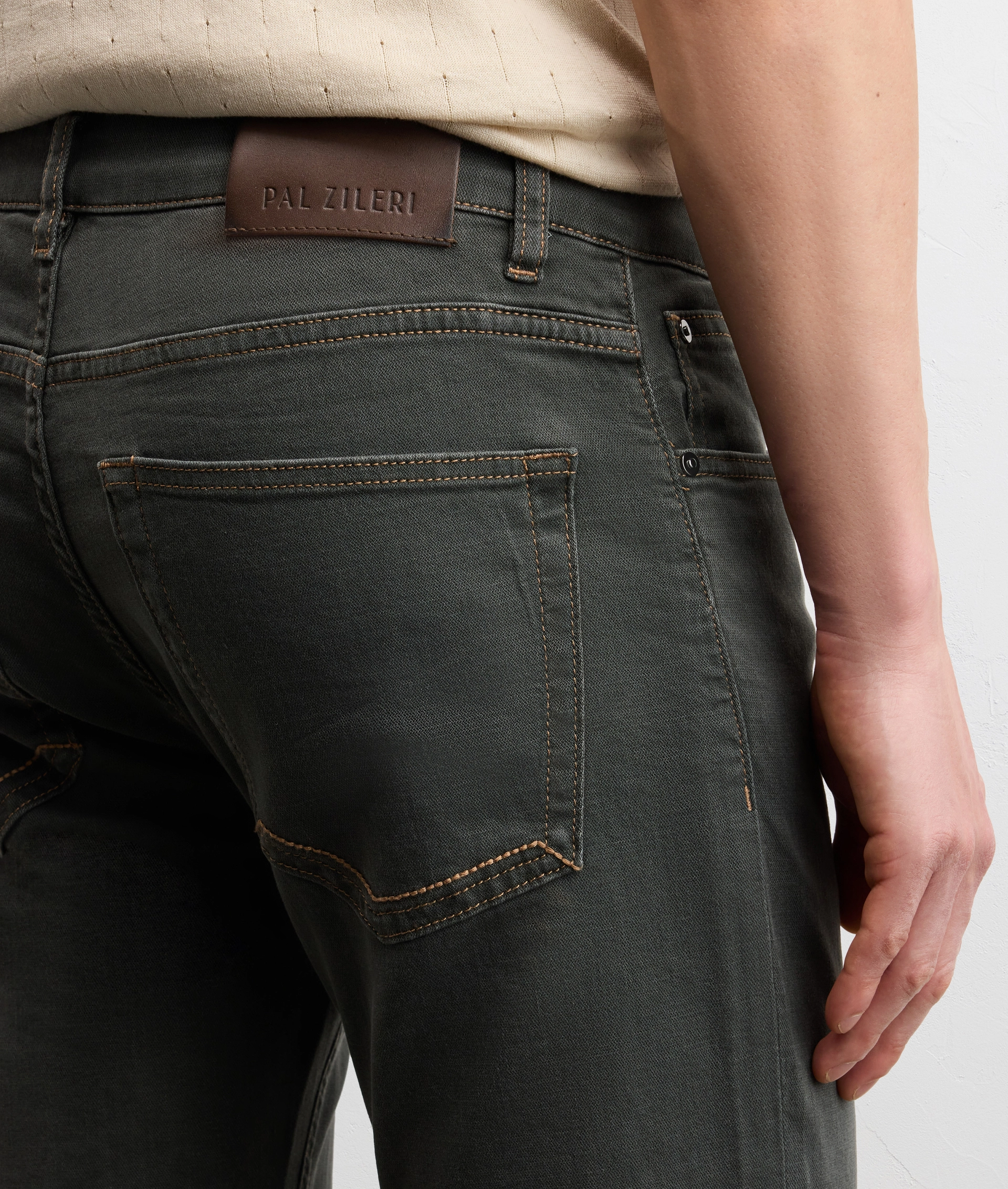 DARK GREY FIVE POCKET STONEWASHED COTTON AND ELASTANE DENIM WITH LEATHER BACK EMBOSSED LOGO