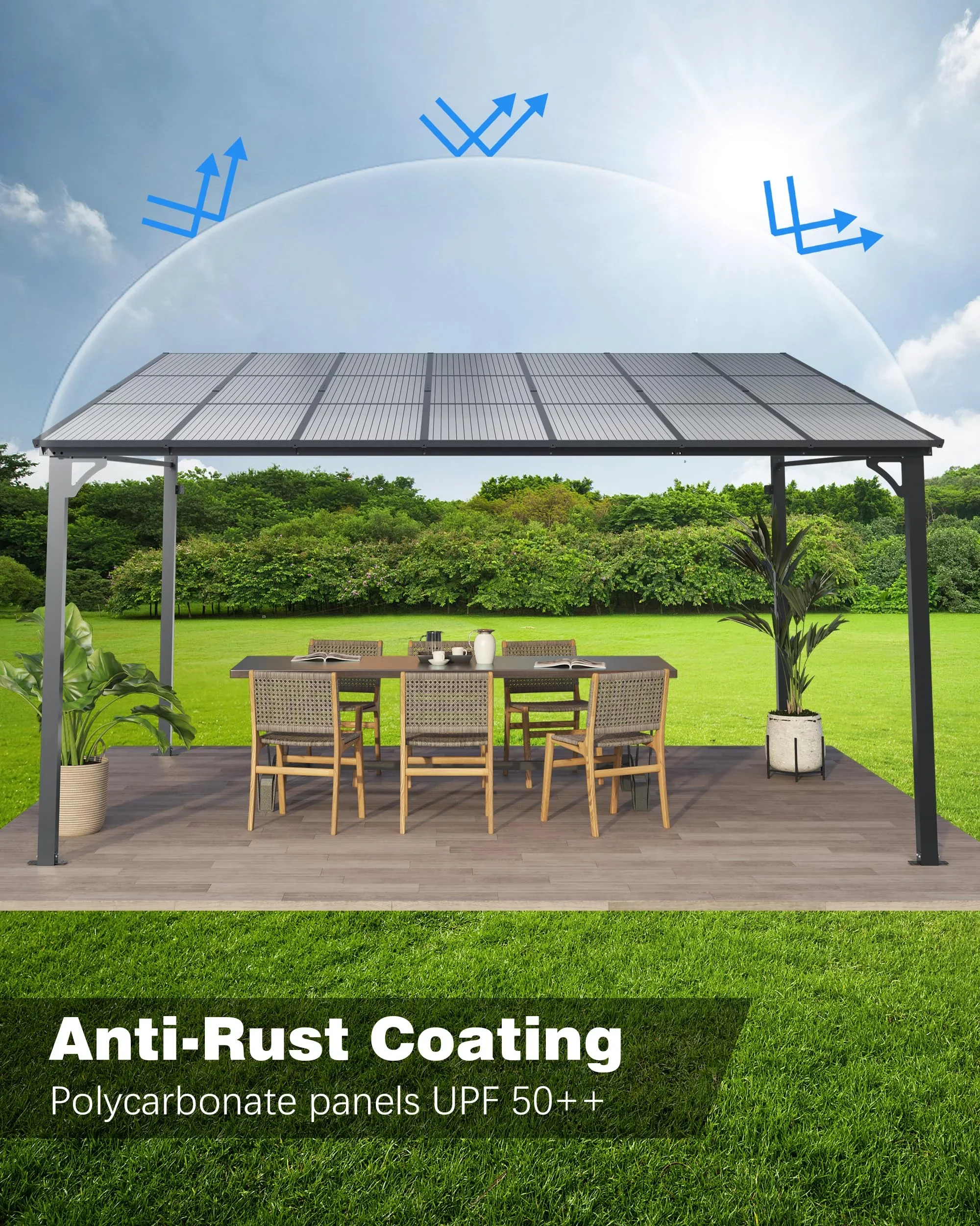 TROPOW Gazebos for Gardens,10'x 12' Lean to Gazebo, Hardtop Wall Pergola with Polycarbonate Roof, Aluminum Frame Mounted Gazebo for Lawn Patio Deck Yard and Party