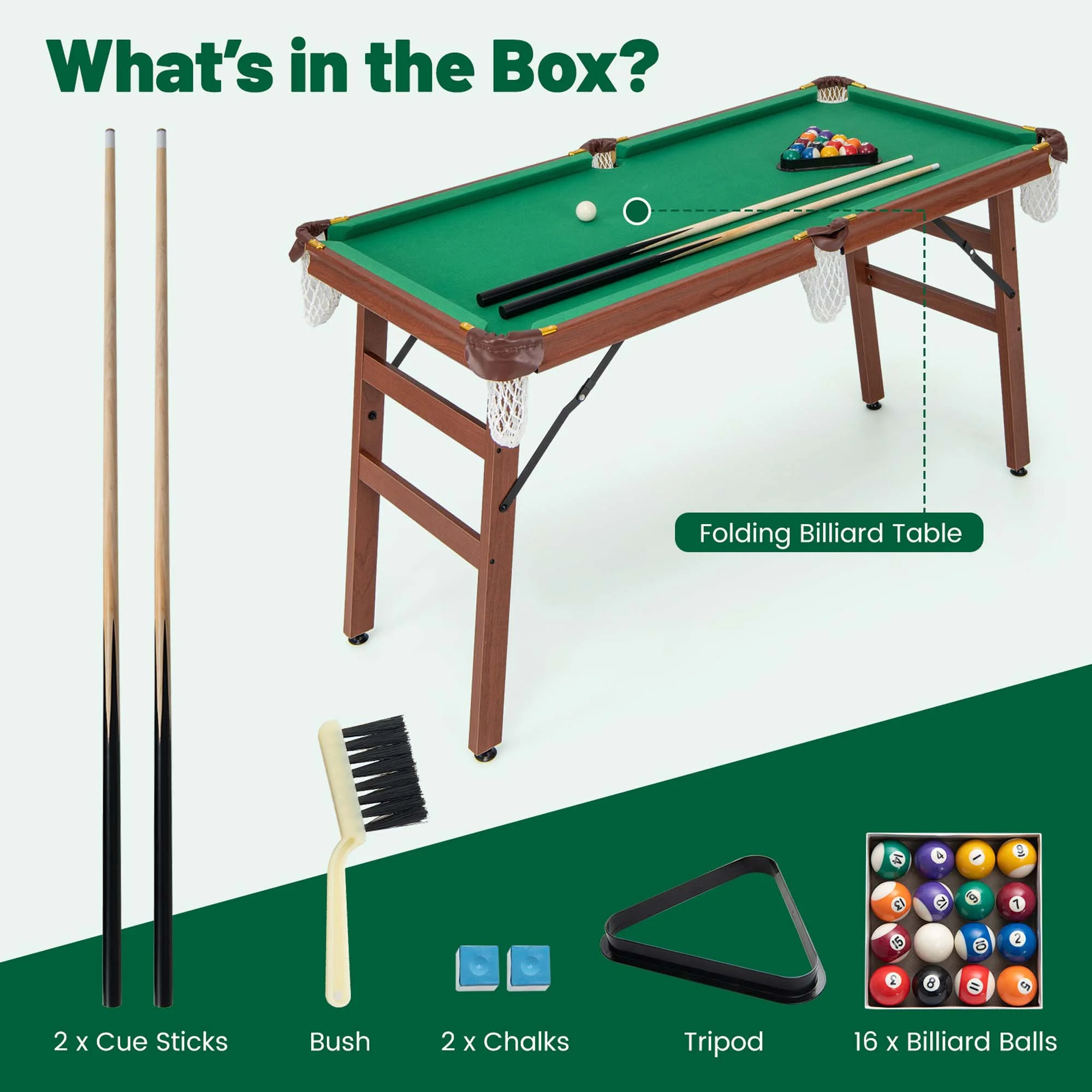 Folding Pool Table Set with Foldable Legs Adjustable Foot Levelers 2 Cues 2 Chalks - Image 2