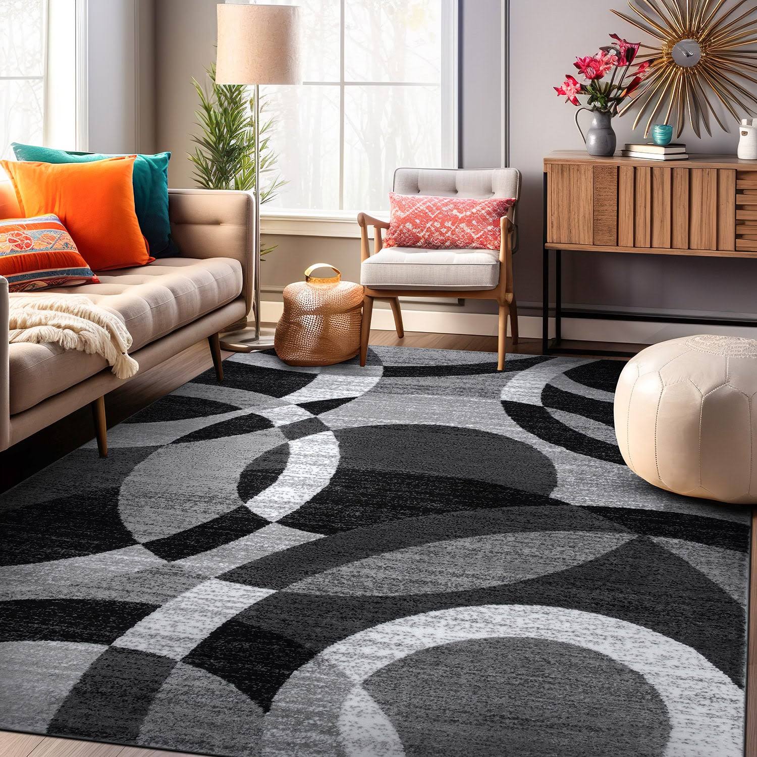 World Rug Gallery Contemporary Modern Circles Area Rug, Gray
