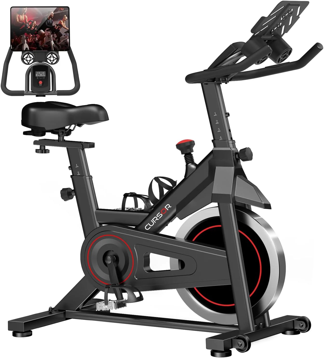 Vélo d'exercice CURSOR FITNESS, vélo stationnaire pour la maison, capacité de 136 kg, vélo d'entraînement avec transmission par courroie silencieuse, vélo de cyclisme d'intérieur avec siège extra confortable/support pour iPad/3 porte-bouteilles