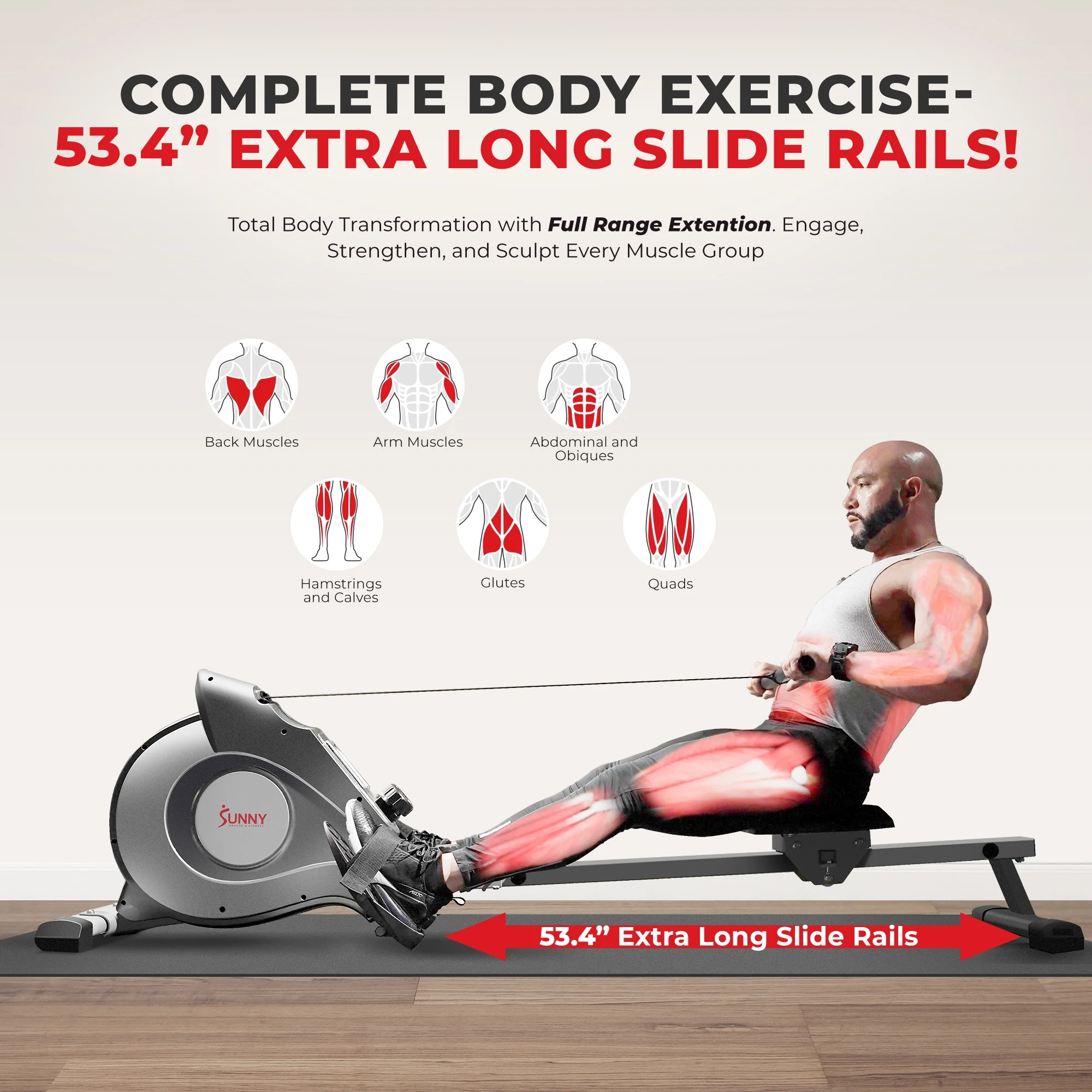 53.4" Extended Slide Rail Magnetic Rowing Machine Rower with Free SunnyFit App Membership SF-RW5515(Gray) - Image 2