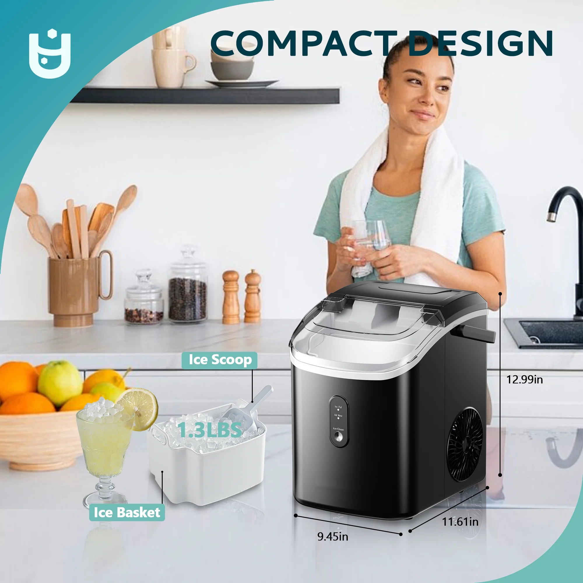 Nugget Ice Maker Countertop with Handle, Ready in 6 Mins, 34.5 lbs Per Day, Removable Top Cover, Auto-Cleaning, Black(Black) - Image 8