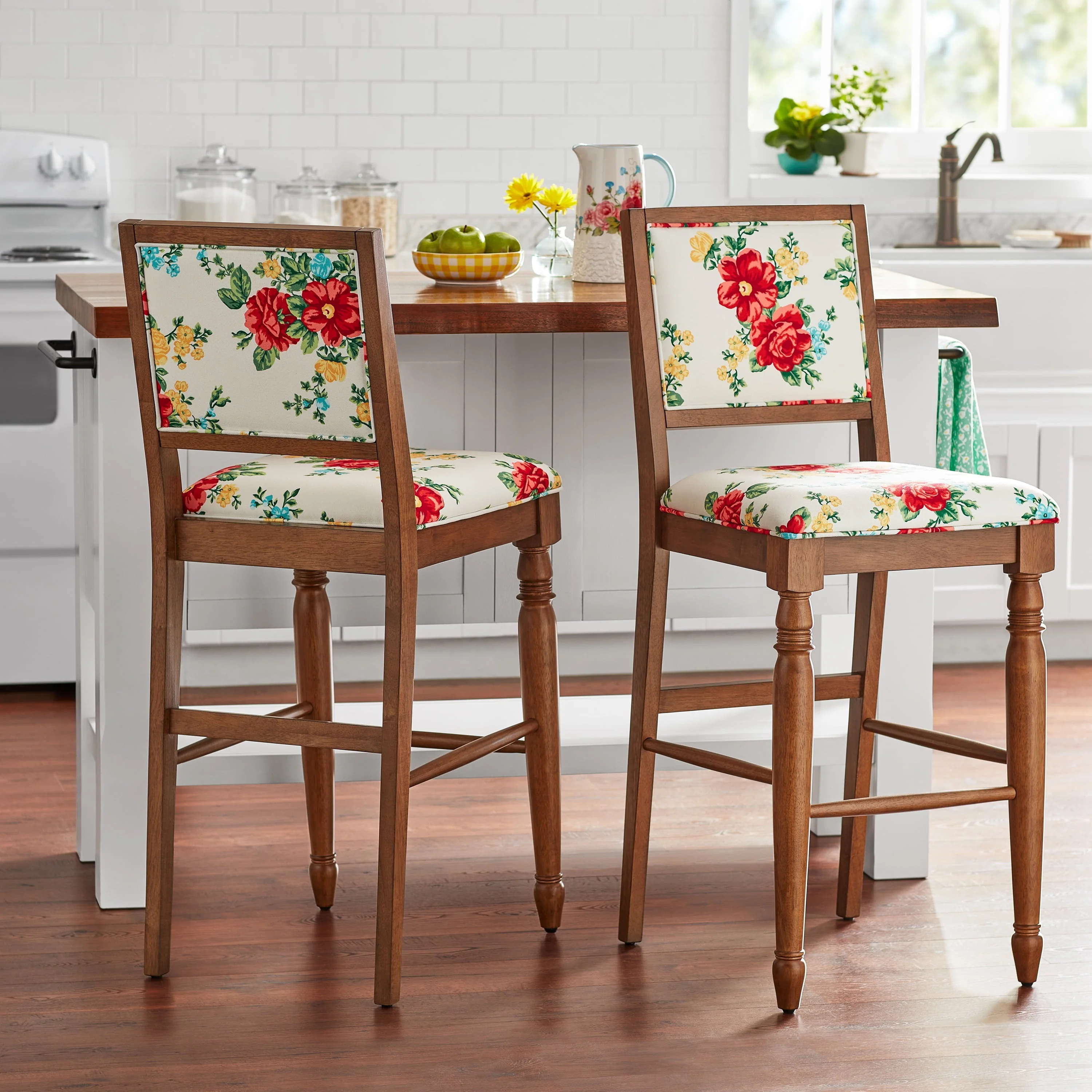 Vintage Floral Bar Stools Made With Solid Wood Frame, Set of 2 - Image 3