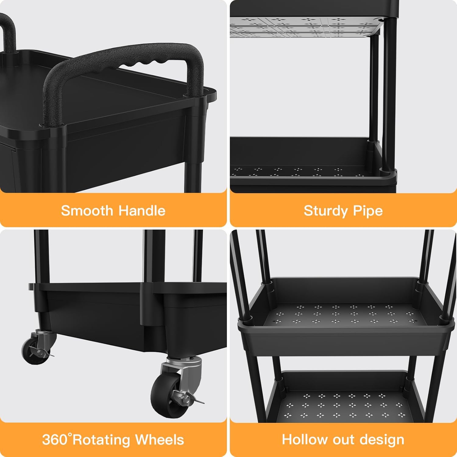 3 Tier Rolling Utility Cart with Drawer, REBECAT Utility Cart Made of Multifunctional Storage Organizer Tool for Kitchen, Bathroom, Living Room, Office (Black)