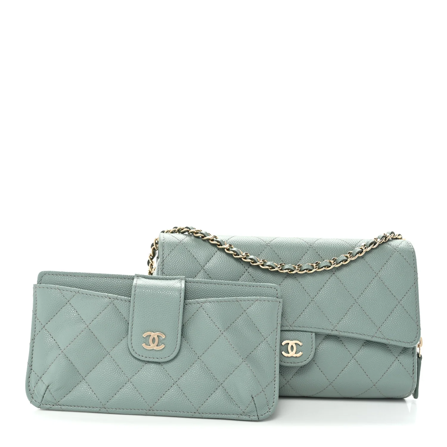 Caviar Quilted Phone Holder Wallet on Removable Chain Light Blue