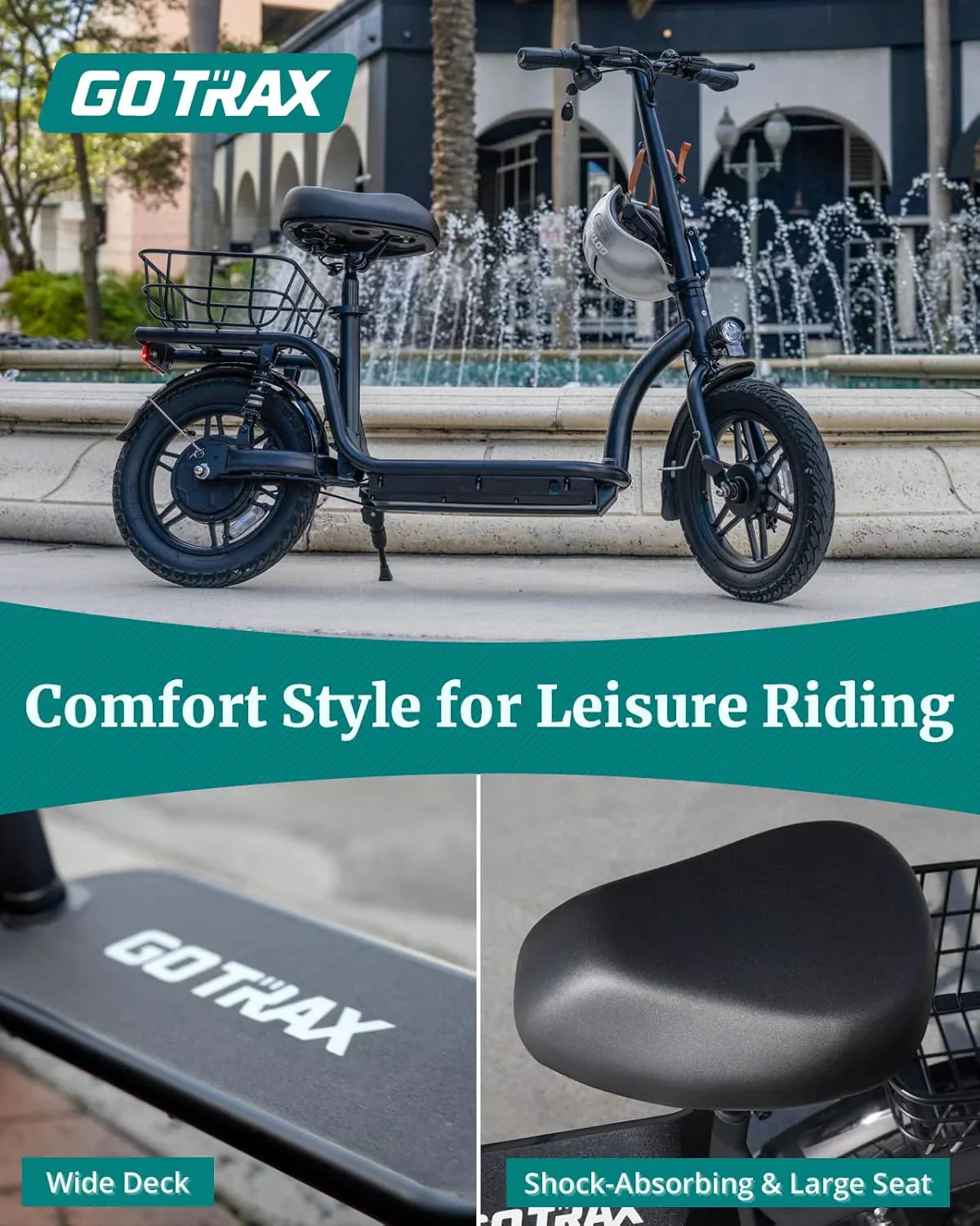 Trottinette électrique Gotrax pour adultes avec siège, autonomie maximale de 30 à 40 km, pneus tout-terrain, larges pédales