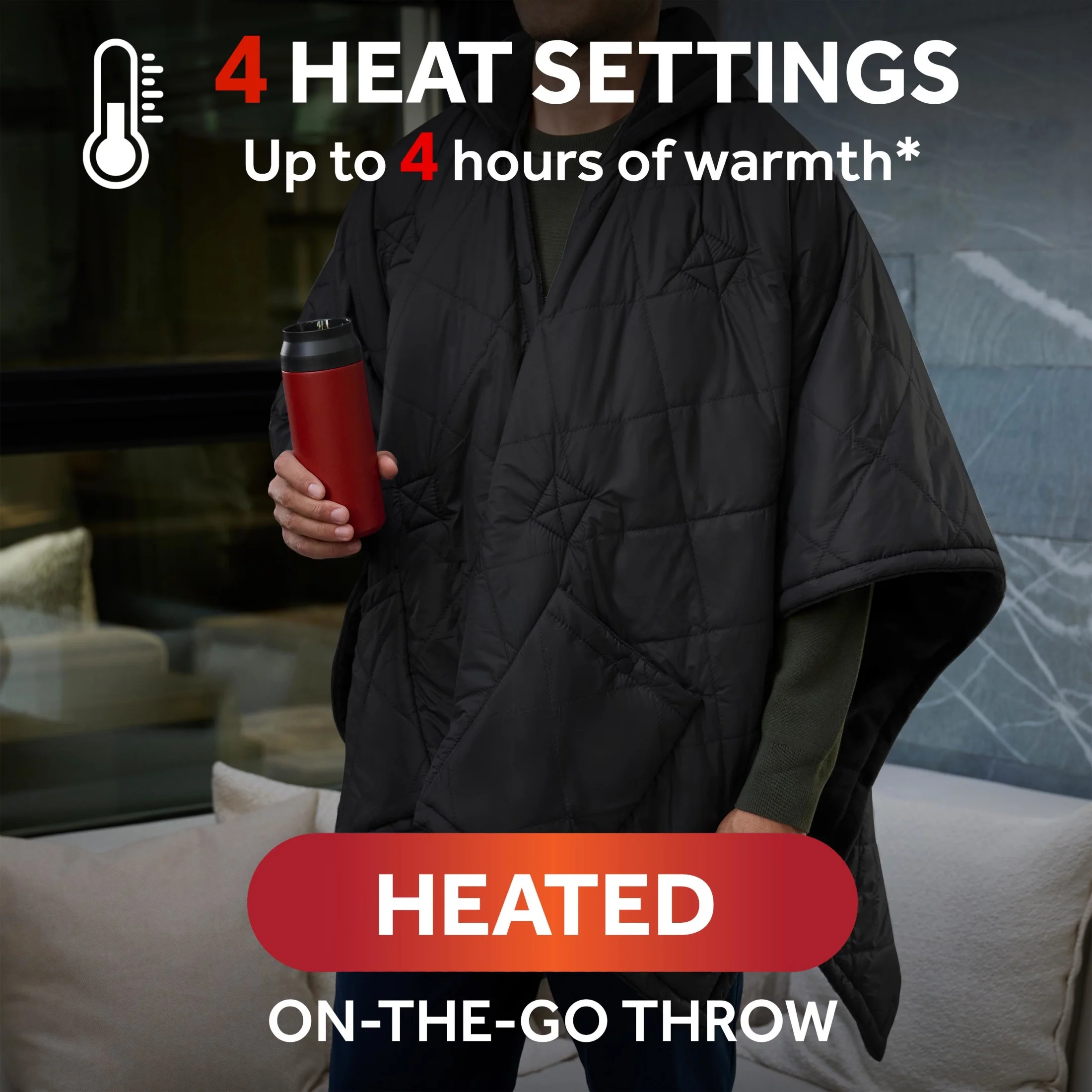 On-the-Go Cordless Heated Throw Blanket with Hood Black Nylon/Microplush 50x66(Black) - Image 2