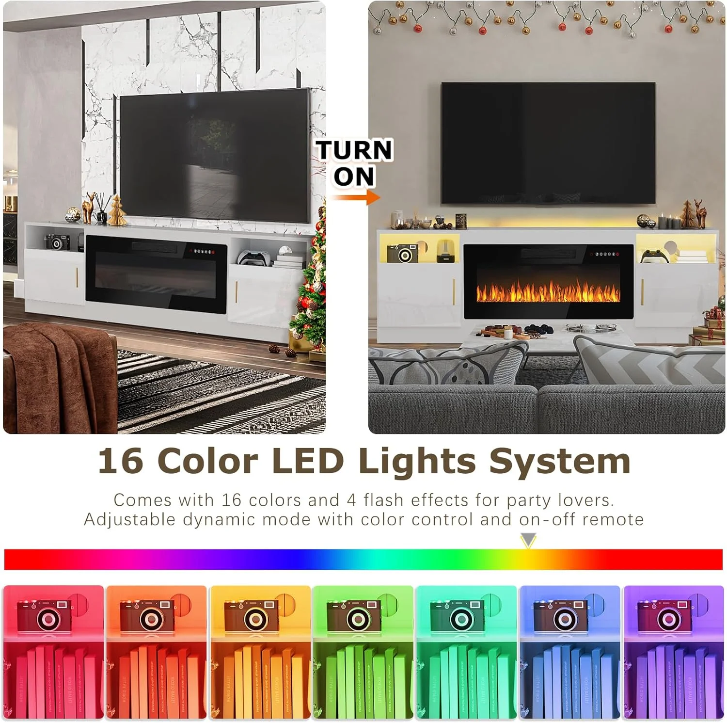 Fireplace tv Stand with 36 inch Fireplace Up to 80" TVs,LED Light Entertainment Center and Storage(70" Wood Composite/White) - Image 4