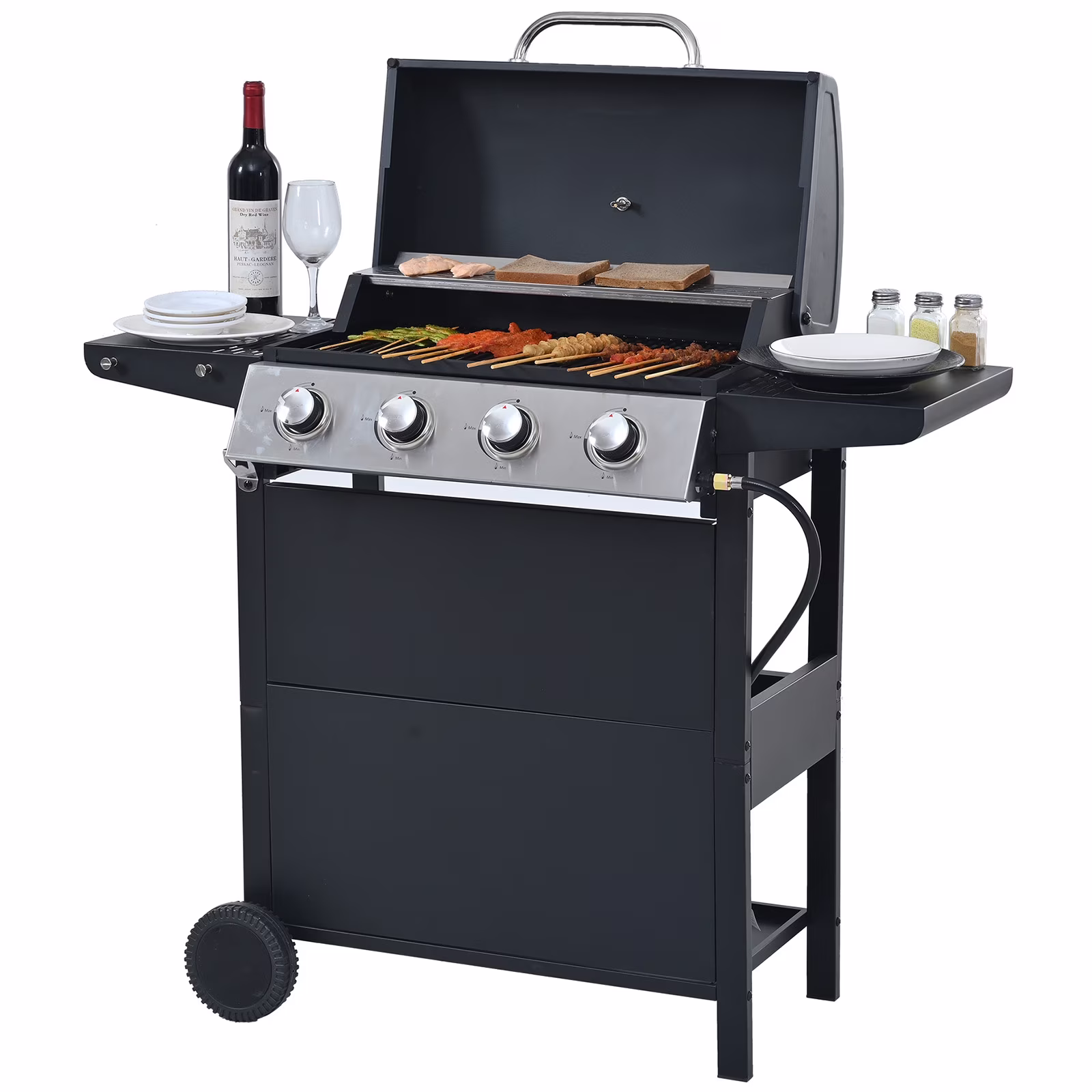 Propane Gas 4 Burner Barbecue Grill, Stainless Steel 34,000 BTU Patio Garden Barbecue Grill with Two Shelves, Lid, Wheels and Bottle Opener