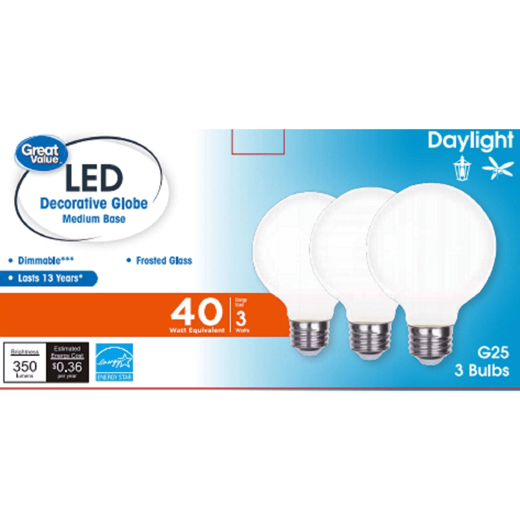 Great Value G25 LED Bulb, 3-Watt (40w Equivalent) Daylight Decorative Globe E26 Base Dimmable3 Pack