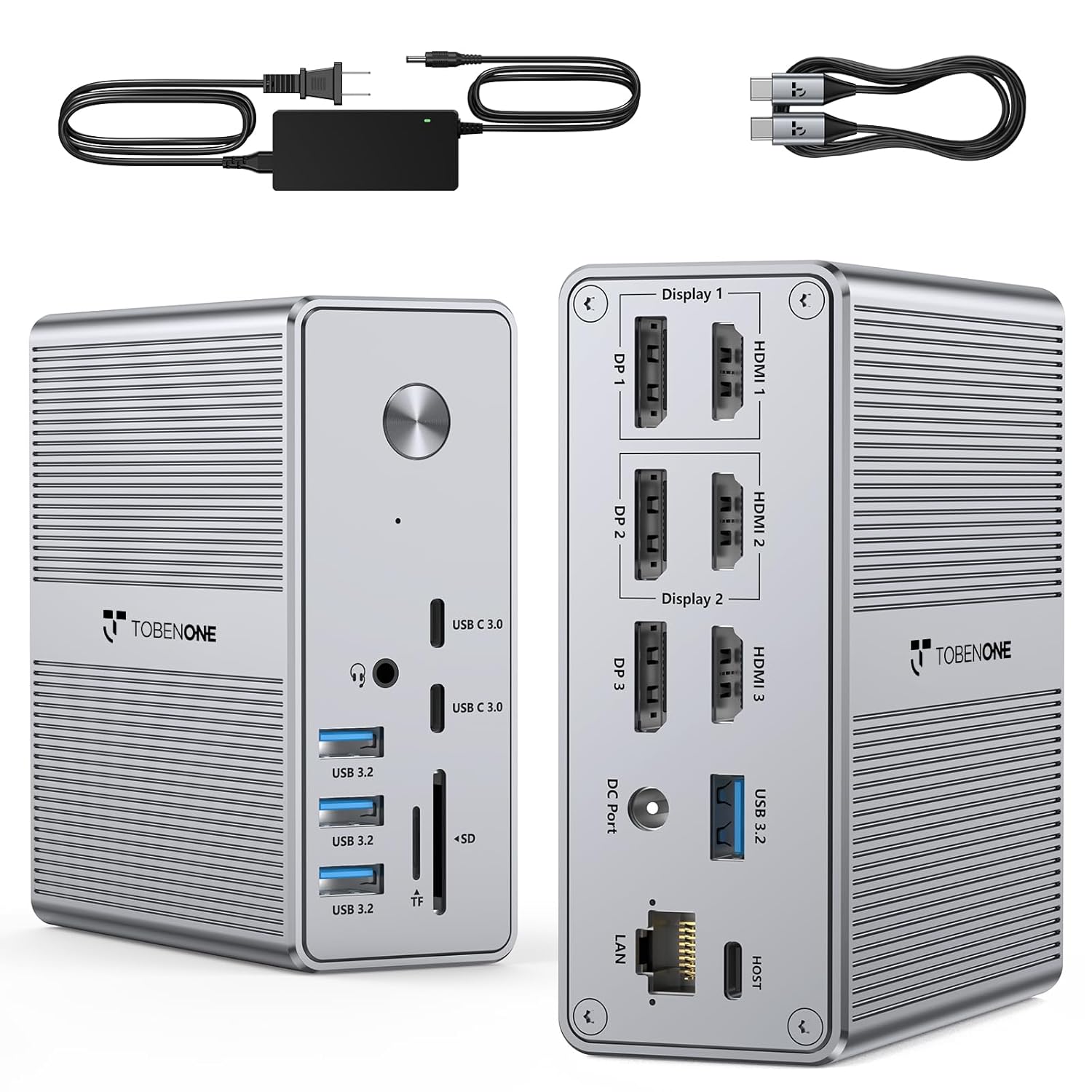 TobenONE DisplayLink Docking Station Triple Monitor with 120W Power Adapter  Triple 4K Display for MacBook Pro/Air  Thunderbolt 4/3  USB-C Windows(3X HDMI  3X DP  2xUSB-C  4xUSB 3.2  SD/TF)