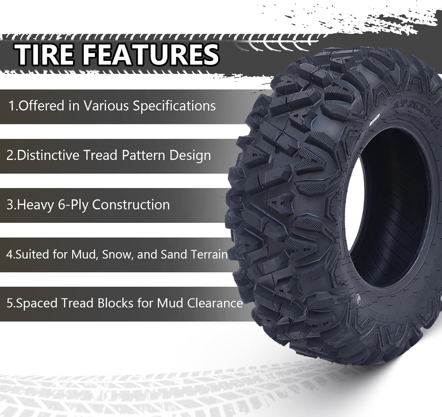 Pneus VTT 26x12x12, lot de 2 pneus VTT 26x12-12 6PR, pneus tout-terrain VTT/SSV, ​​noirs