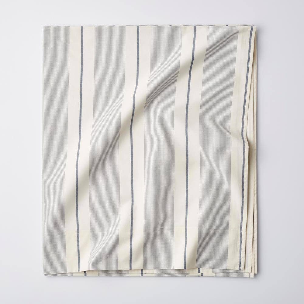 Wide Stripe Classic Cool Cotton Percale Flat Bed Sheet - Blue, Size Queen | The Company Store