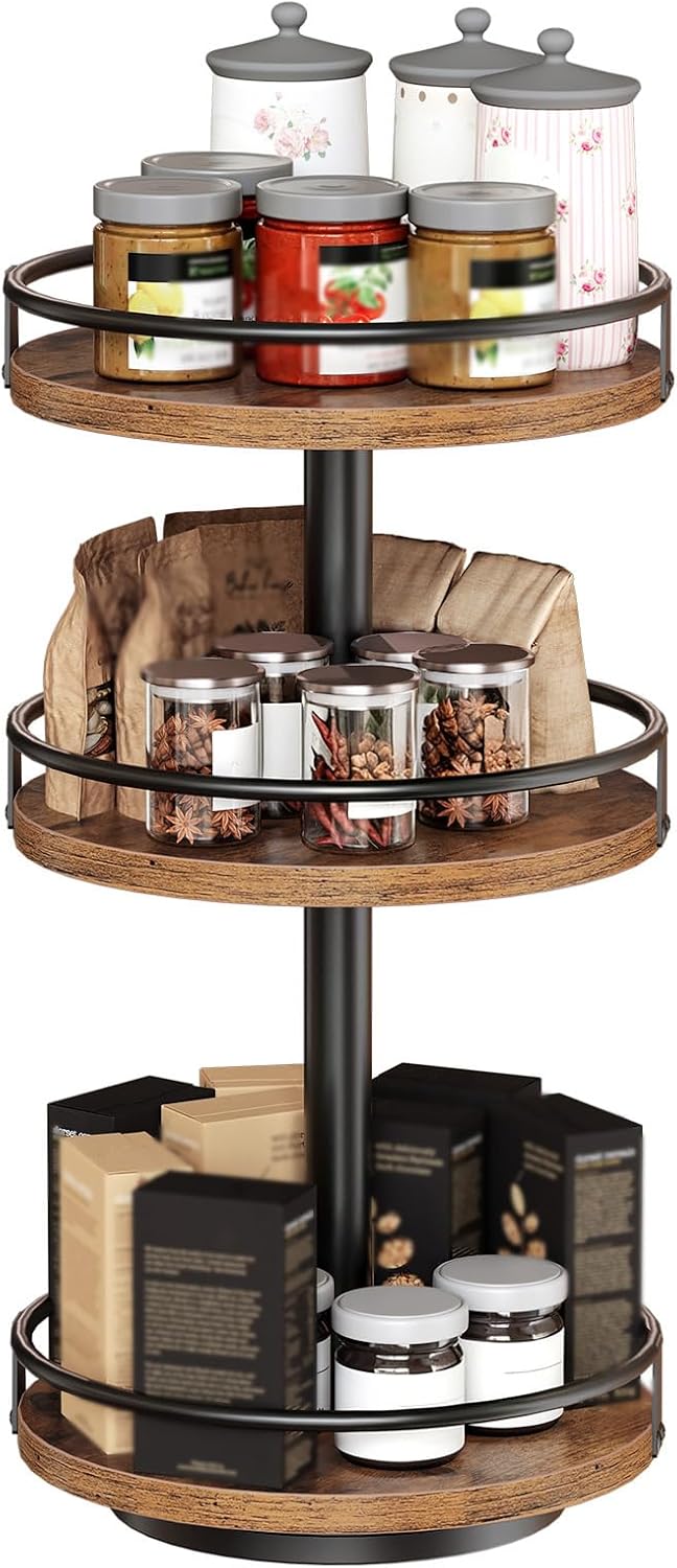 HOOBRO 3-Tier Lazy Susan Organizer, Rotating Spice Rack, Turntable Spice Rack, Vertical Storage Organizer, for Kitchen Countertop, Vanity, Dining Table, Rustic Brown and Black BF09TL01