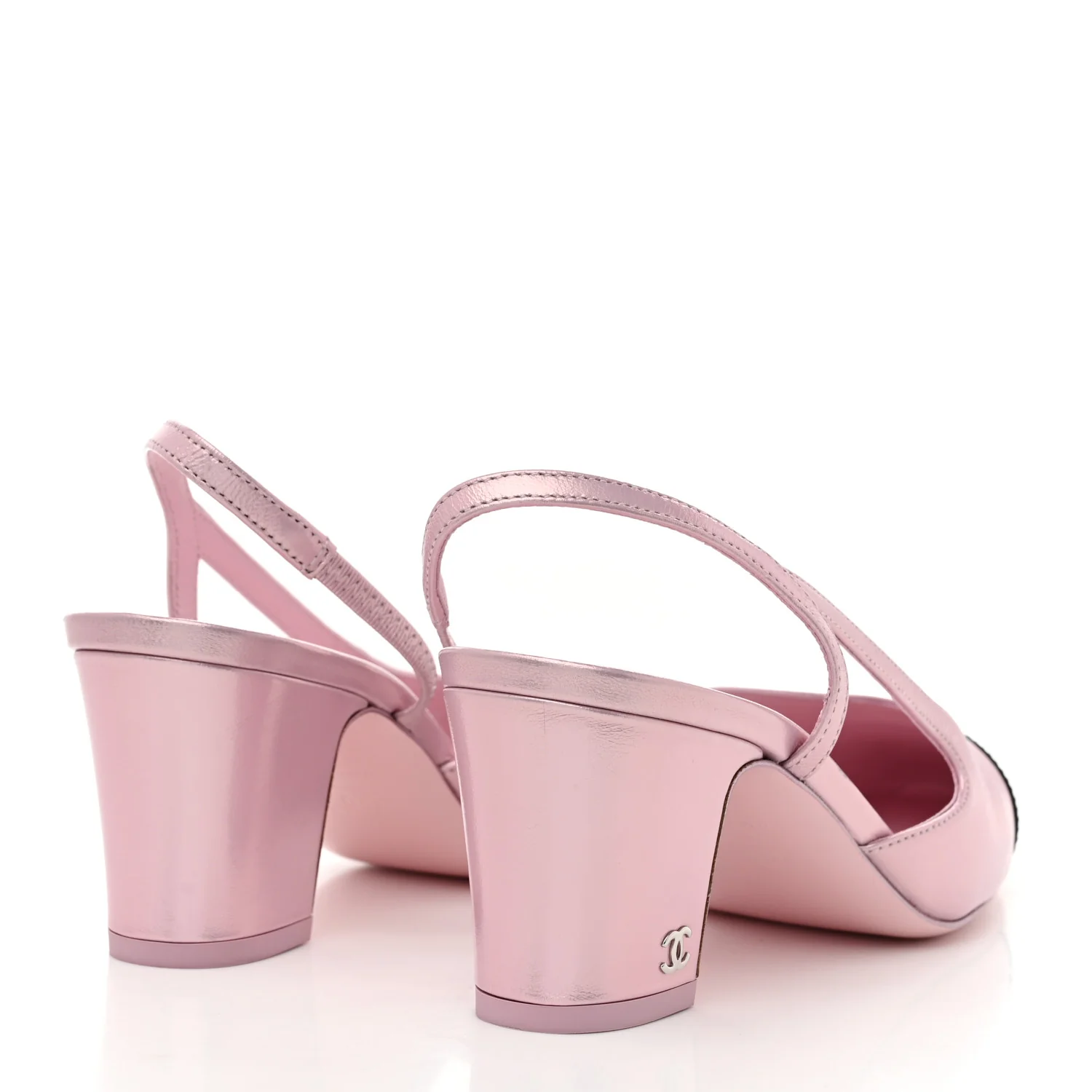 Laminated Lambskin Patent Cap Toe CC Slingback Pumps 37 Light Pink Black