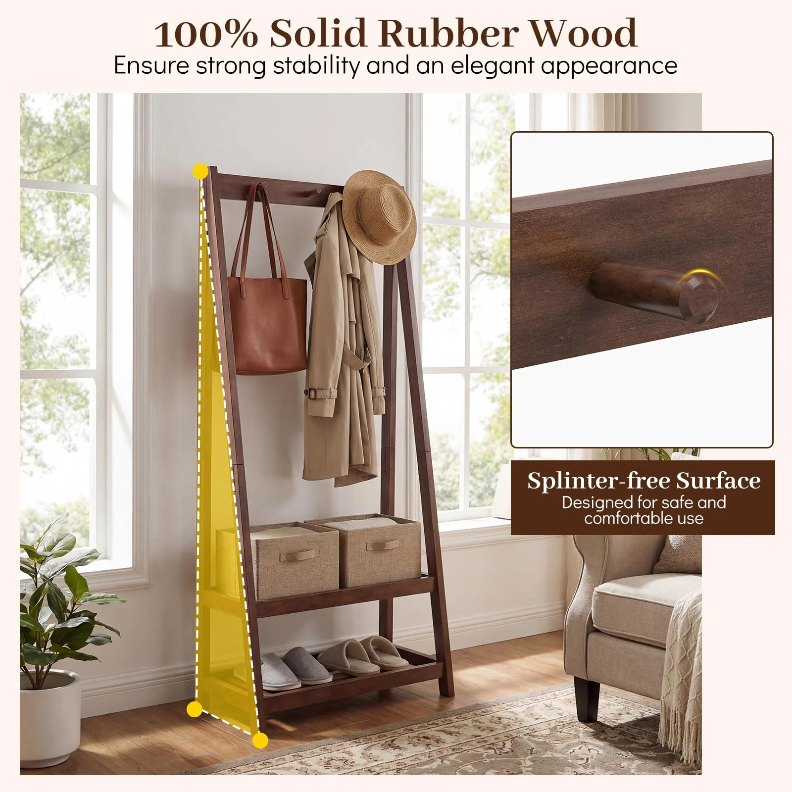Tangkula Freestanding Rubber Wood Garment Rack with 3 Hooks and 2 Shelves