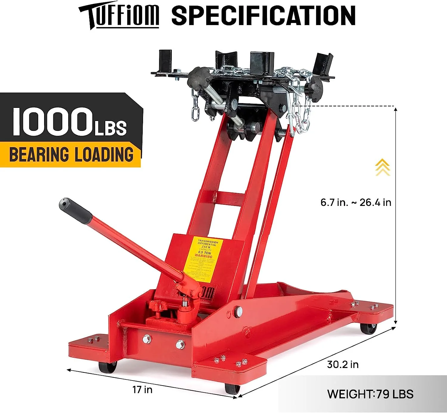 Hydraulic Transmission Service/Floor Jack Lift 1/2 Ton (1,000 lb) Capacity, Low Profile Roll Under Floor Trolley, Automotive Shop Tool Hoist Lift Lifting Jack, Red Image 5