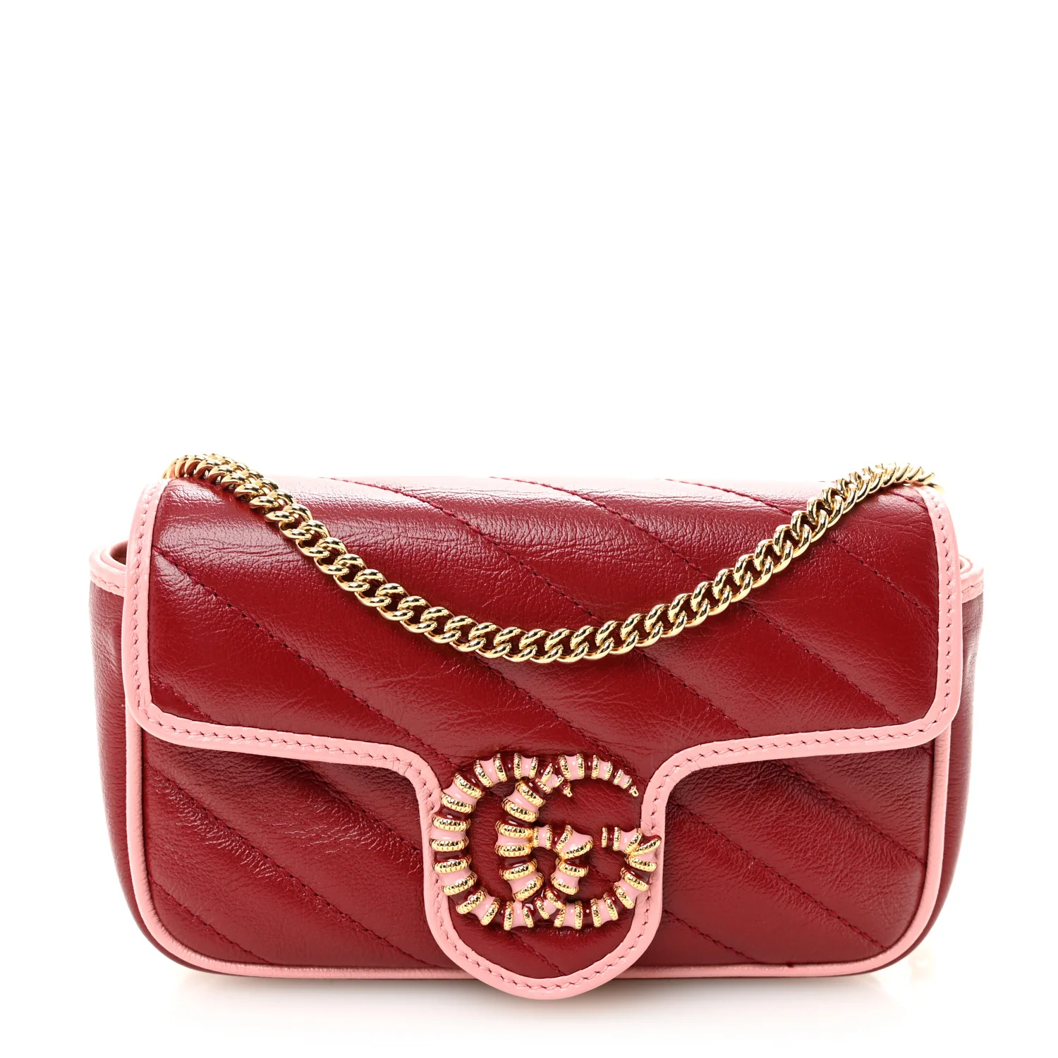 Azalea Calfskin Enamel Matelasse Diagonal Super Mini Torchon GG Marmont Shoulder Bag New Cherry Red Wild Rose